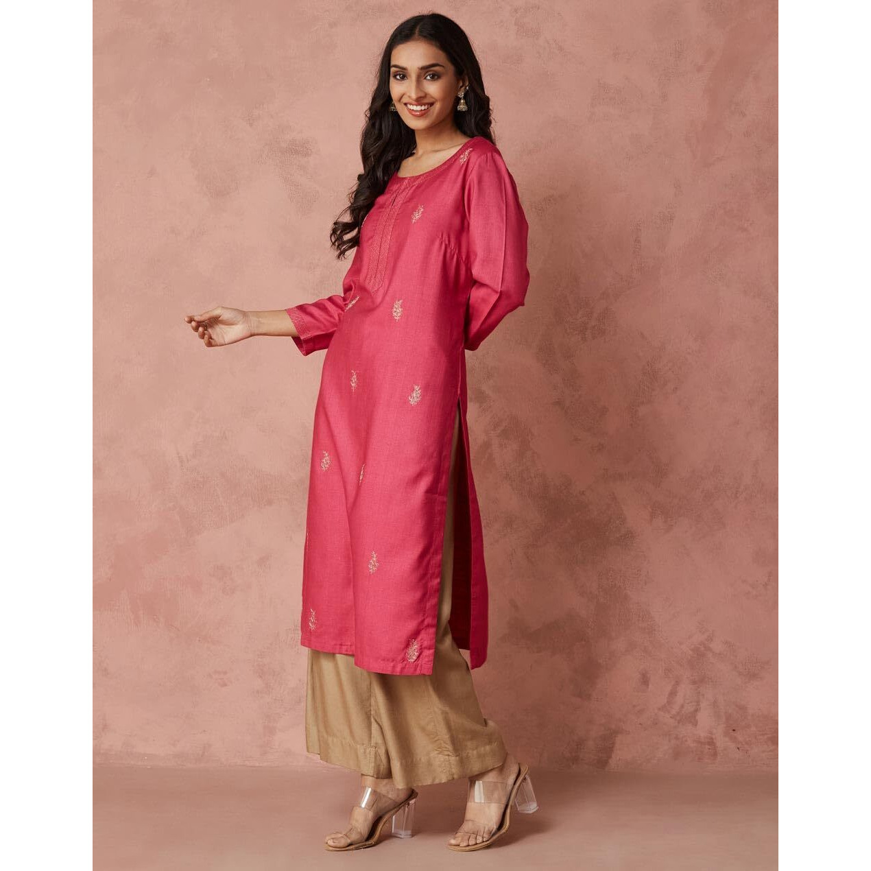 Fabindia Women's Viscose Silk Embroidered Regular Kurta (1039101Pink_Pink