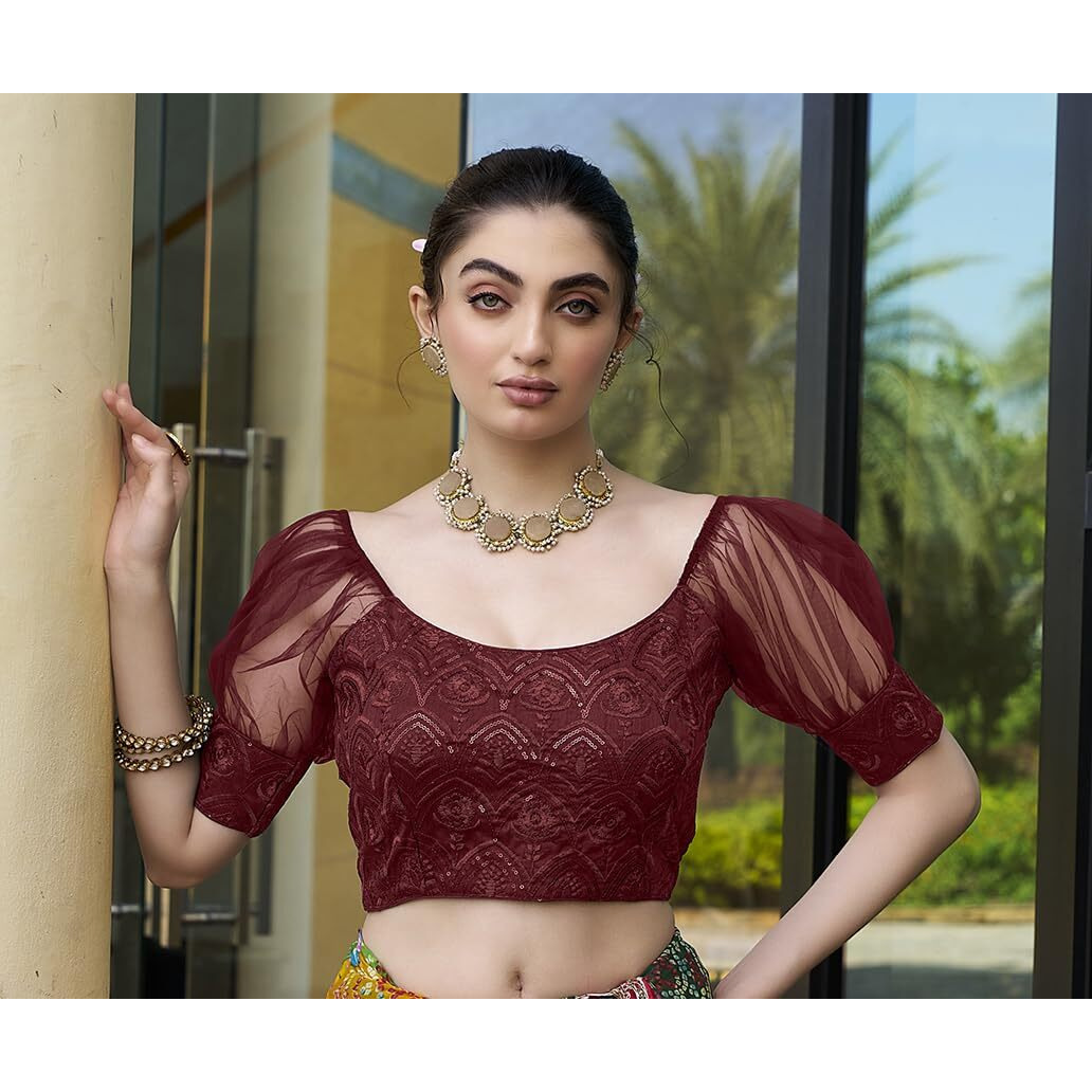 Pujia Mills Womens Net Fabrics Round Neck Puff Sleeve Blouse (Maroon, 32)