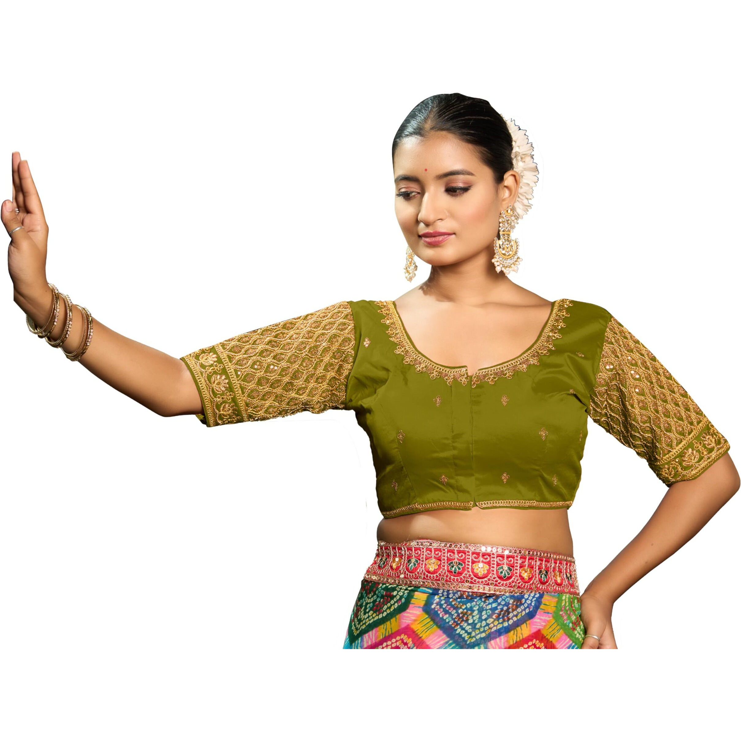 Pujia Mills Women's Indian Ethnic Wear Designer Maggam With Zari Embroidery With Sequence Work Round Neck Half Sleeve Readymade Saree Blouse Stitched Bridal Mehendi Green Color Blouse Lehenga Choli