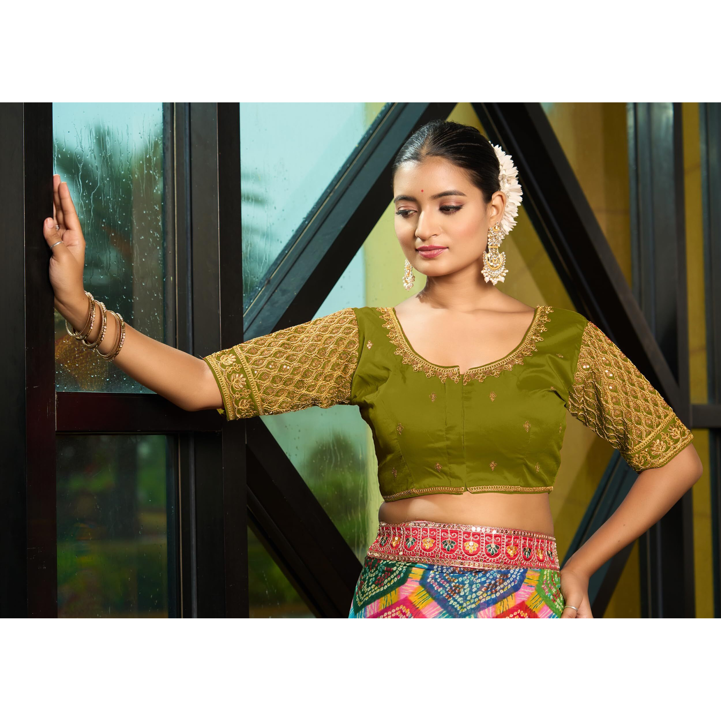 Pujia Mills Women's Indian Ethnic Wear Designer Maggam With Zari Embroidery With Sequence Work Round Neck Half Sleeve Readymade Saree Blouse Stitched Bridal Mehendi Green Color Blouse Lehenga Choli