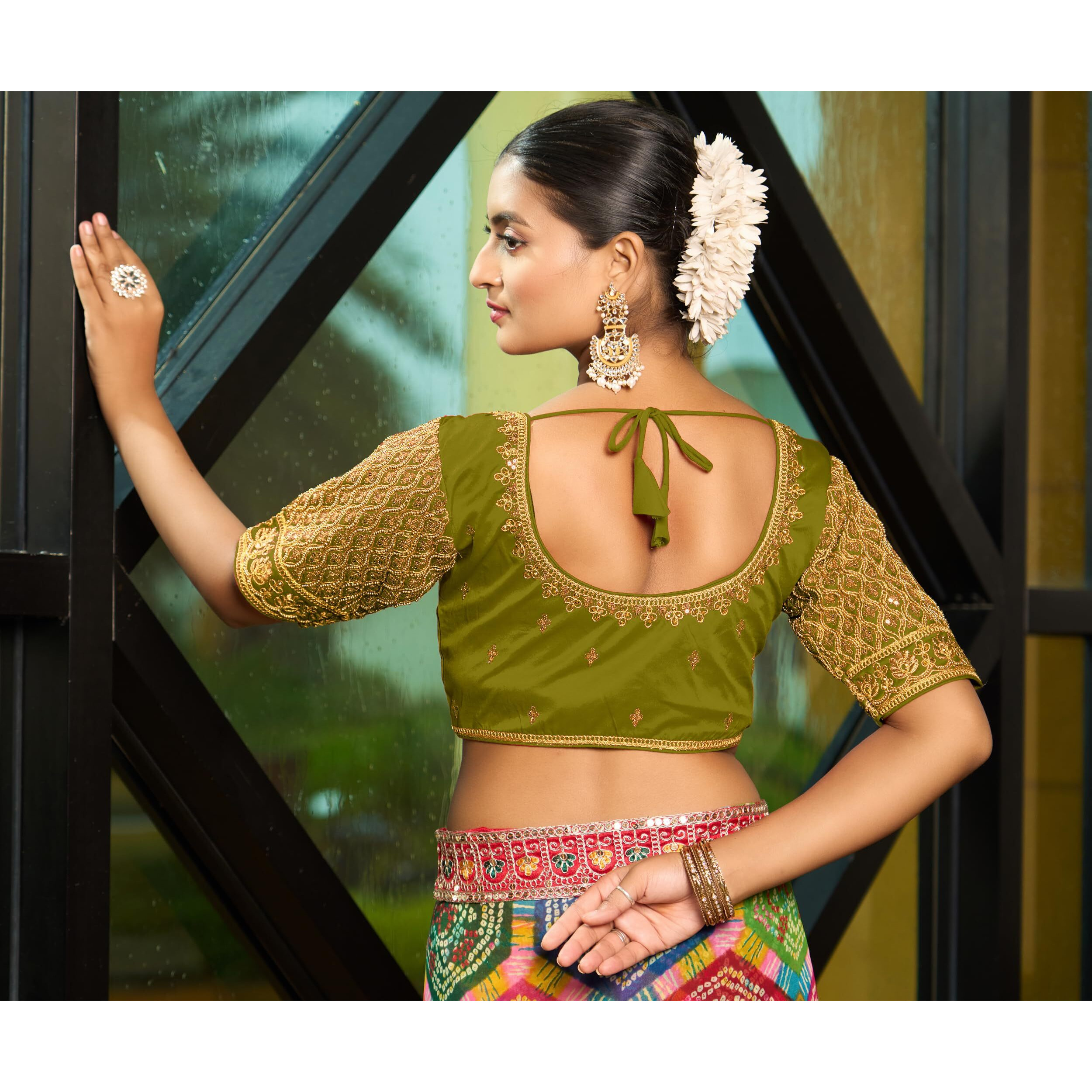 Pujia Mills Women's Indian Ethnic Wear Designer Maggam With Zari Embroidery With Sequence Work Round Neck Half Sleeve Readymade Saree Blouse Stitched Bridal Mehendi Green Color Blouse Lehenga Choli