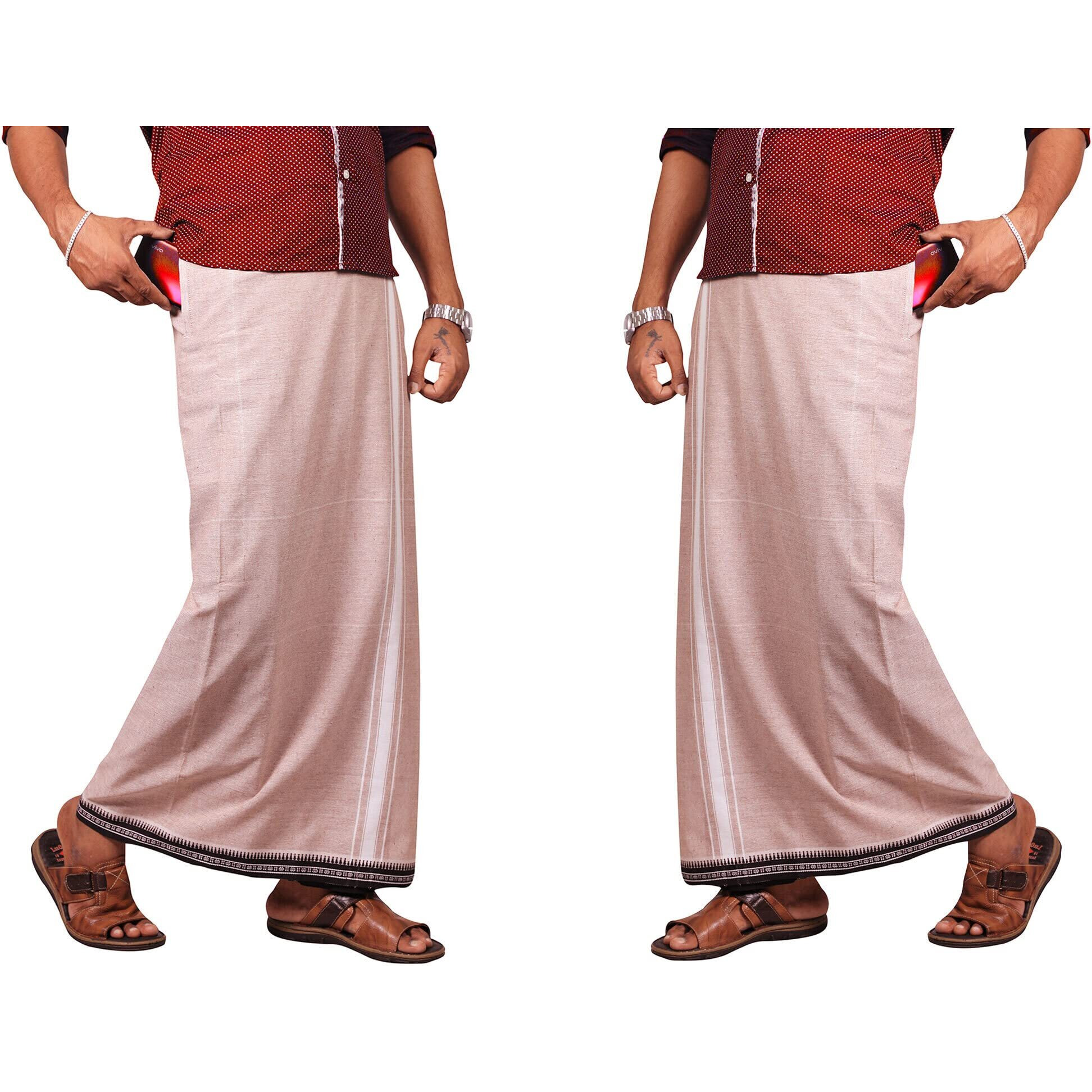 Prakasam Cotton Mens Kerala Thalapathi Border 2Way Pocket (Right &Left Side) Flexi Size (Adjustable) Colour Dhoti With 2 Side Pocket (Large, Sandal)