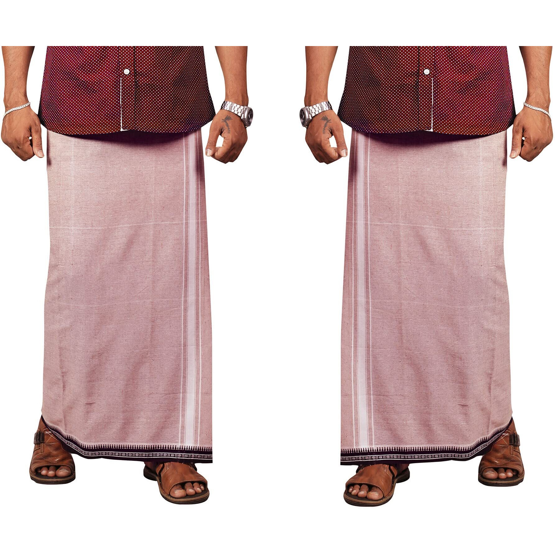 Prakasam Cotton Mens Kerala Thalapathi Border 2Way Pocket (Right &Left Side) Flexi Size (Adjustable) Colour Dhoti With 2 Side Pocket (Large, Sandal)