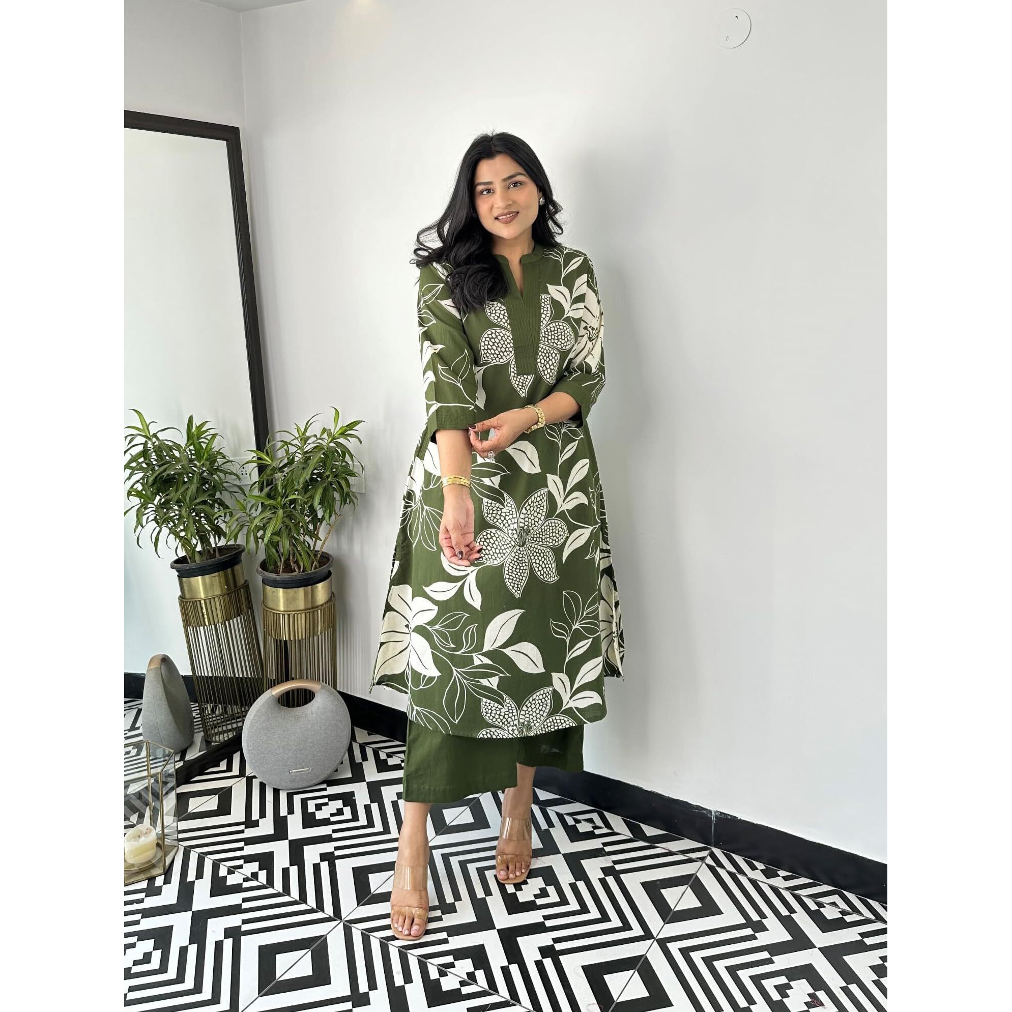 Lookmark Women's Floral Printed Cotton Blend 3/4Th Sleeve Knee Length V-Neck Kurta And Palazzo Set For Women (Az-Lm-Og-Ks2204 Mahendi-S)