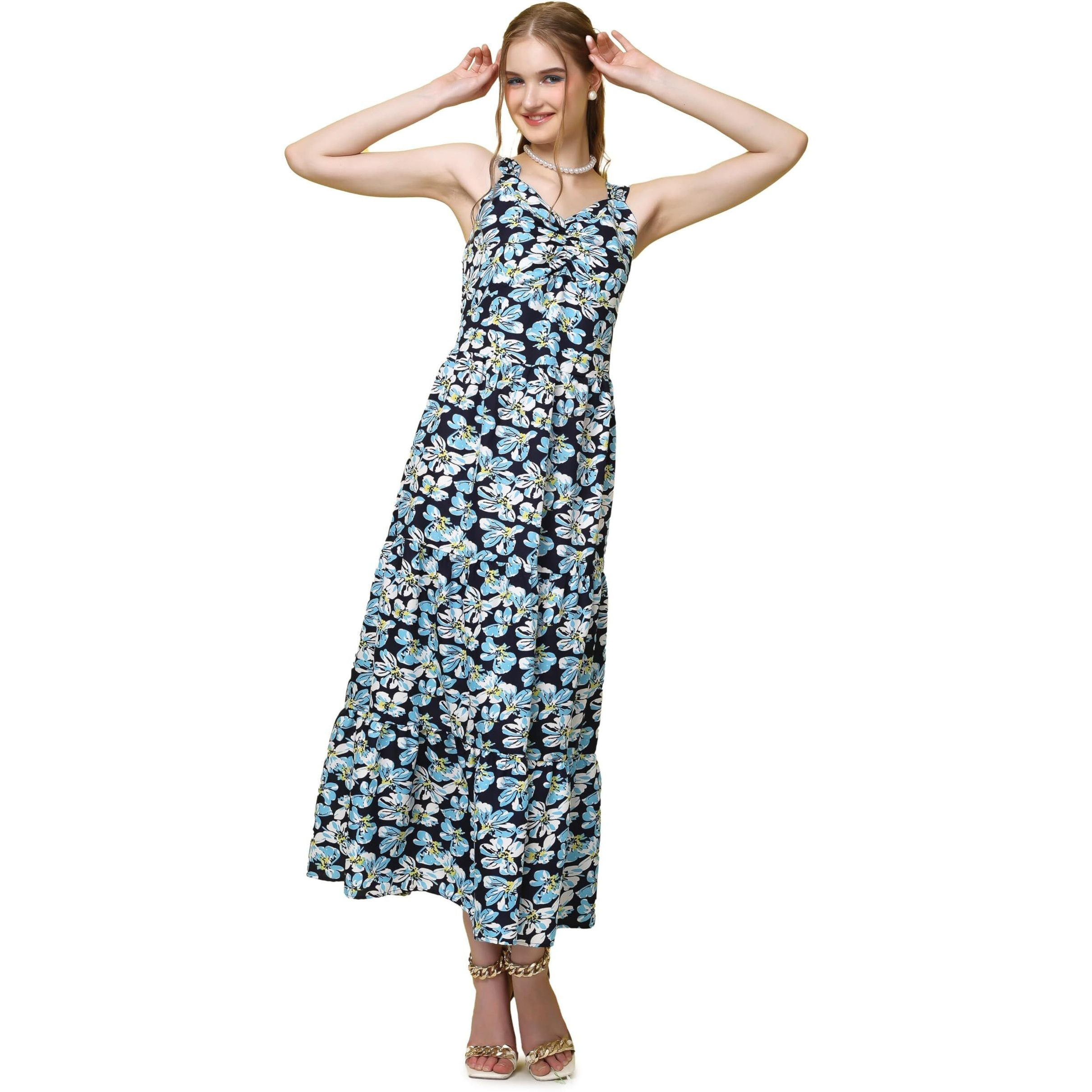 Popwings Casual Georgette Flare Maxi Dress For Women | Sleeveless Long Dress For Women | Printed Dress For Women | Stylish Dress For Women Navy Blue