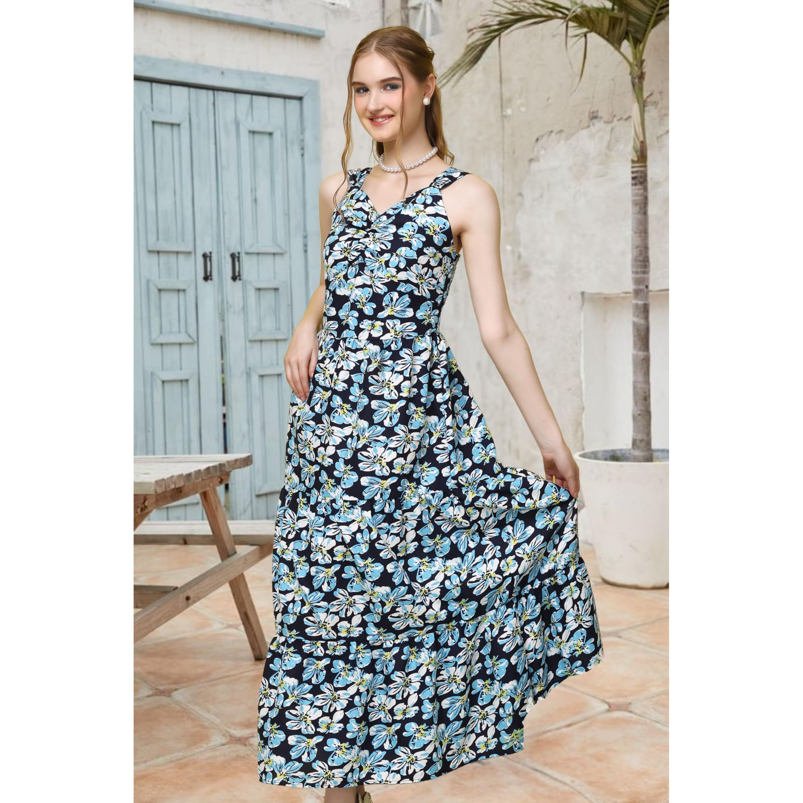 Popwings Casual Georgette Flare Maxi Dress For Women | Sleeveless Long Dress For Women | Printed Dress For Women | Stylish Dress For Women Navy Blue