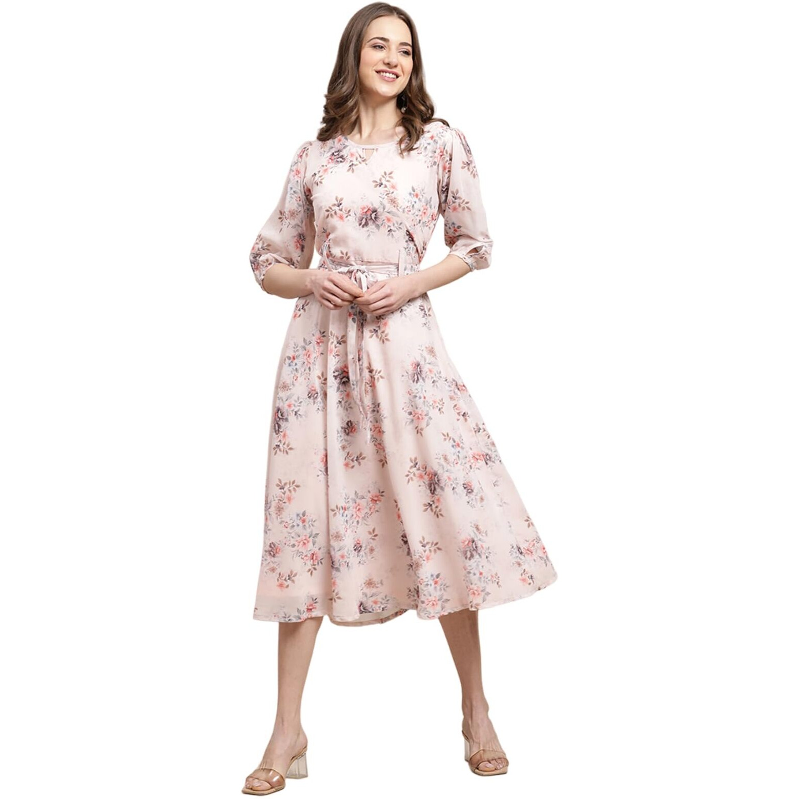 Preneum Women's Maxi Fit & Flare Latest Style Print Georgette Regular Sleeves Casual Summer Maxi | Festival & Occasion, Baby Pink, 2Xl