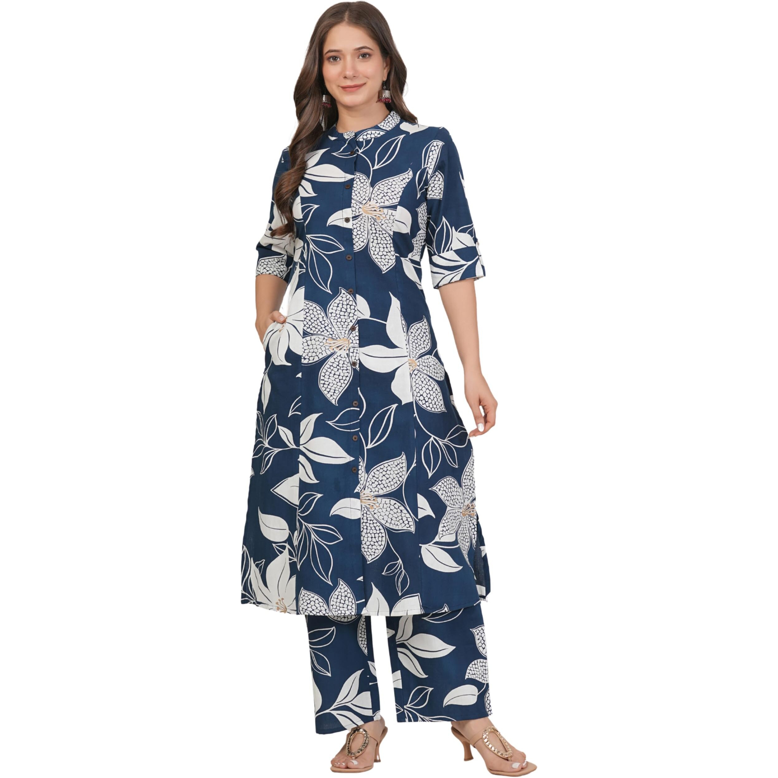 Rytras Women's Pure Cotton Printed Ethnic Wear A-Line Kurta Set With Palazzo Pants(Ryt648,Blue,Xl)