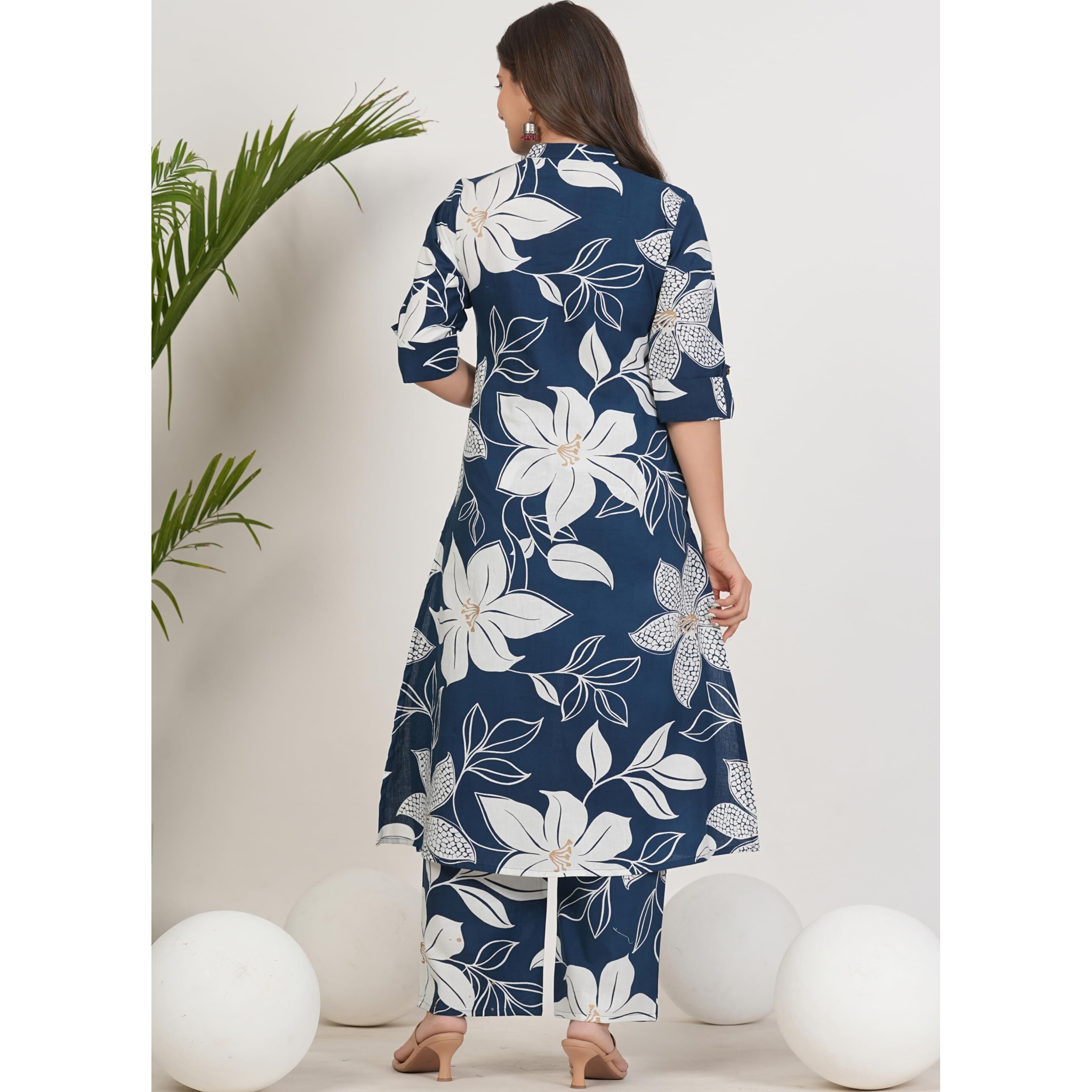 Rytras Women's Pure Cotton Printed Ethnic Wear A-Line Kurta Set With Palazzo Pants(Ryt648,Blue,Xl)