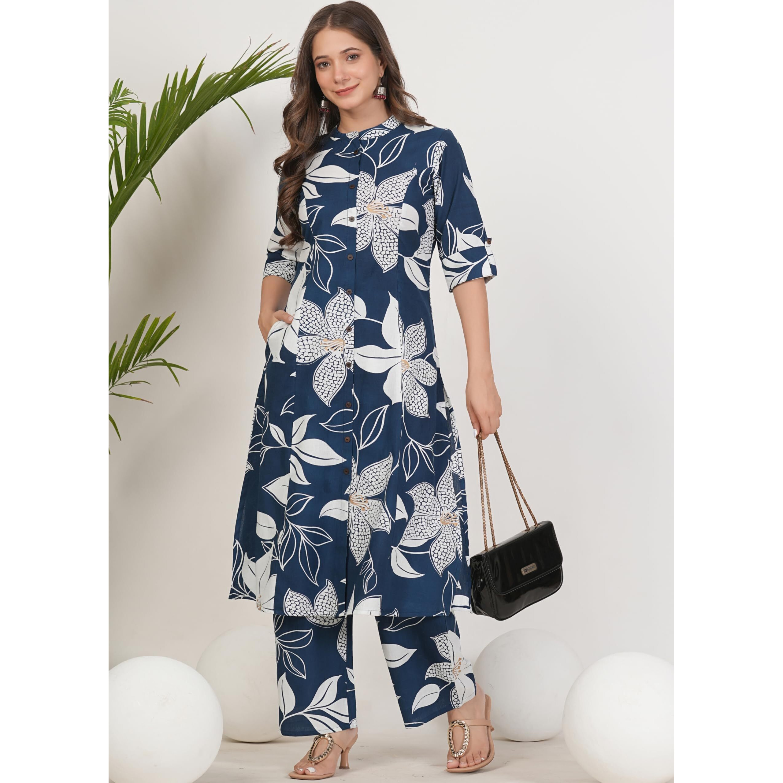 Rytras Women's Pure Cotton Printed Ethnic Wear A-Line Kurta Set With Palazzo Pants(Ryt648,Blue,Xl)