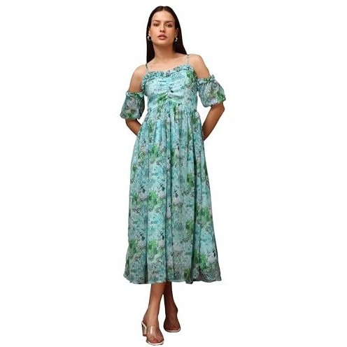 Purvaja Womens Sweetheart Neck Georgette Midi Dress (Floe-113-Green_X-Large)
