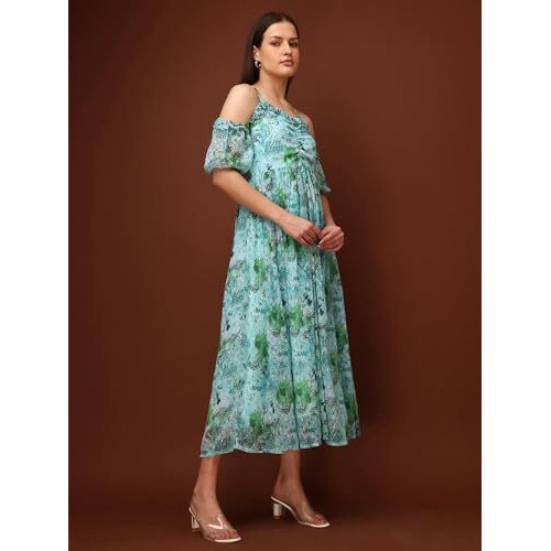 Purvaja Womens Sweetheart Neck Georgette Midi Dress (Floe-113-Green_X-Large)