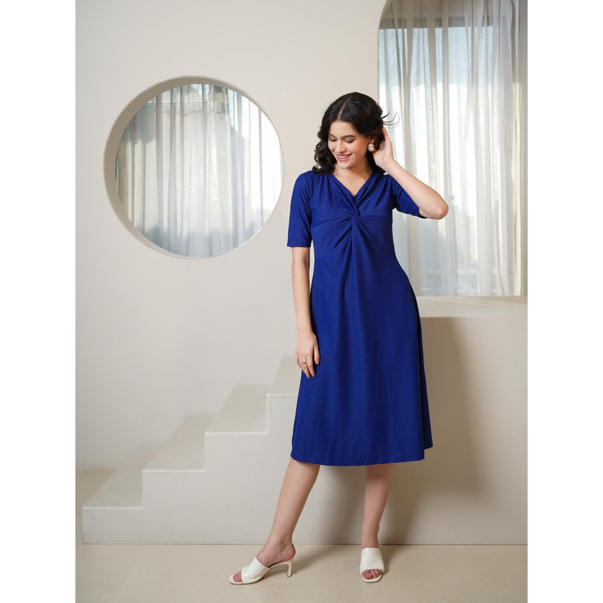 Purvaja Womens A-Line Midi Length Dress (Nisi-045-Navy_Navy-Blue_Medium)