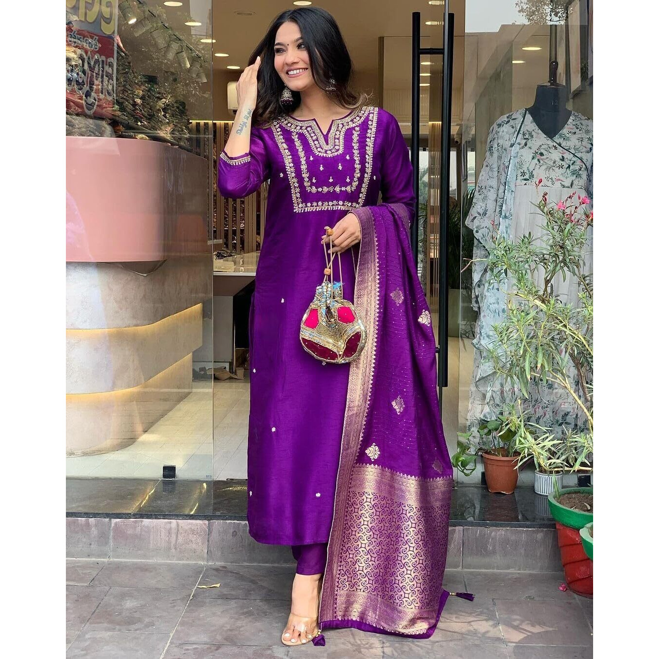 Shiv Textiles Women's Viscose Rayon Embroidered Kurta Pant Dupatta Set(Jda-Akshara-Purple-Xl)