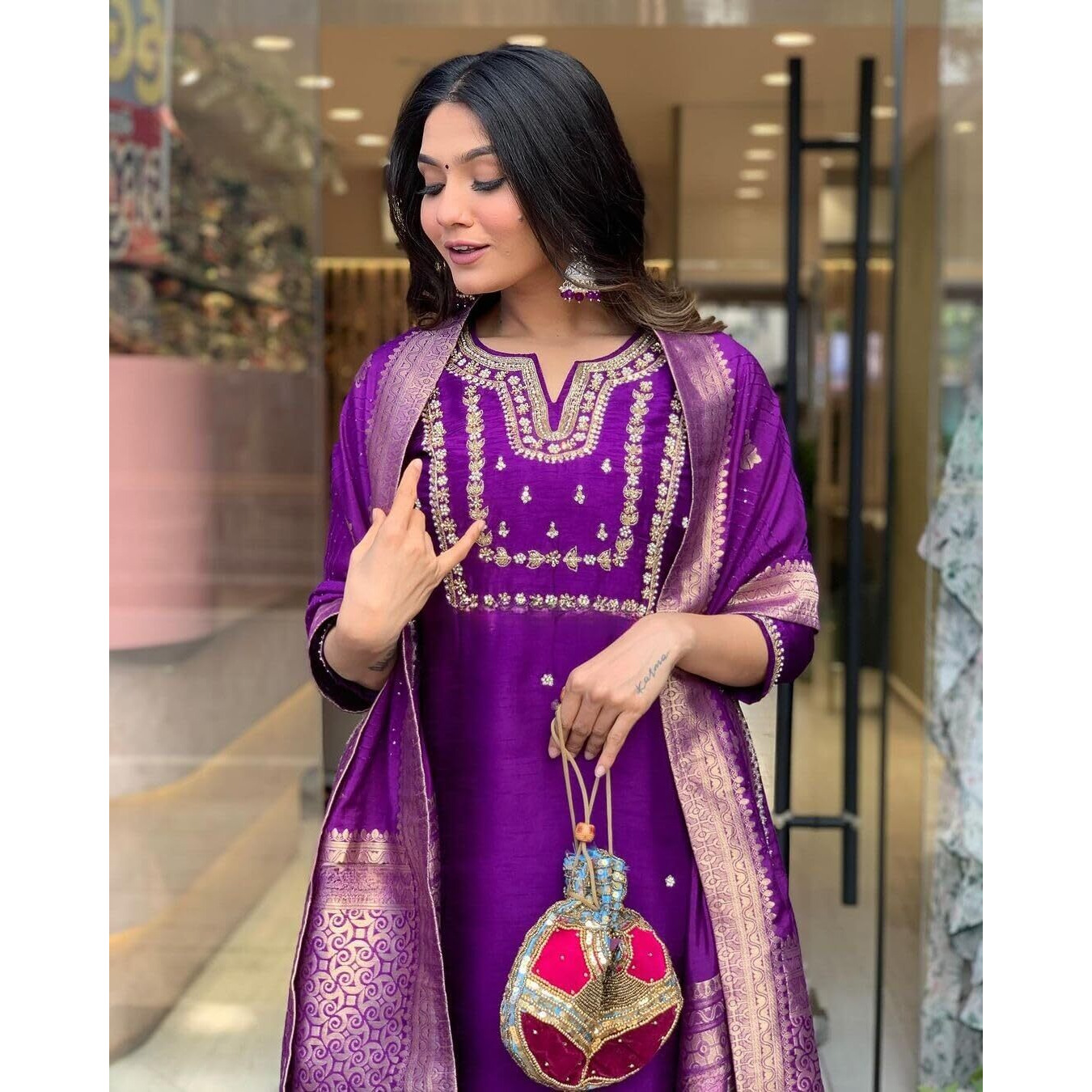Shiv Textiles Women's Viscose Rayon Embroidered Kurta Pant Dupatta Set(Jda-Akshara-Purple-Xl)