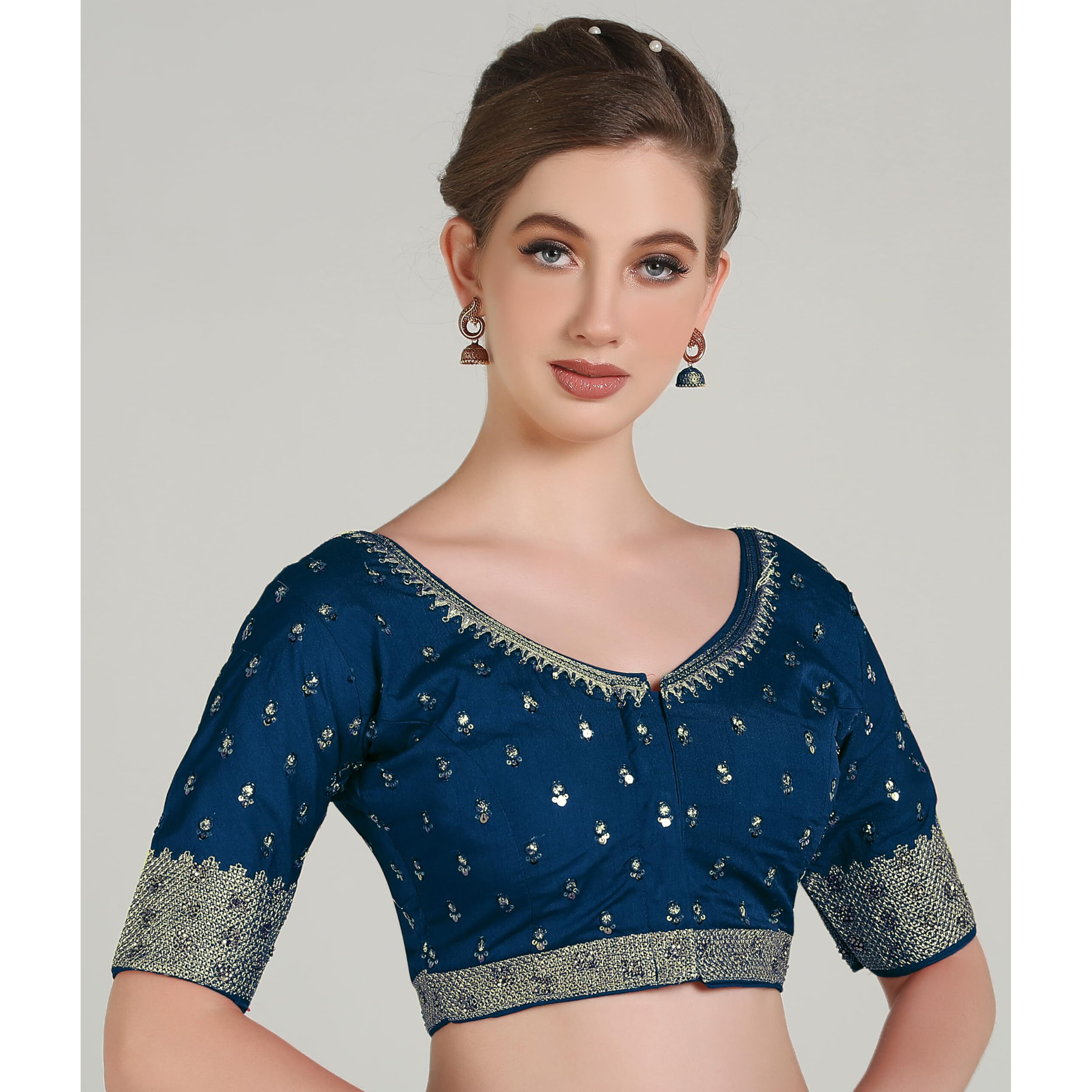 Pujia Mills Women Indian Ethnic Wear Designer Golden Codding With Zari Embroidered Diamond Work Round Neck Half Sleeve Readymade Aari Work Saree Blouse Bridal Readymade Blouse Morpeach Lehenga Choli