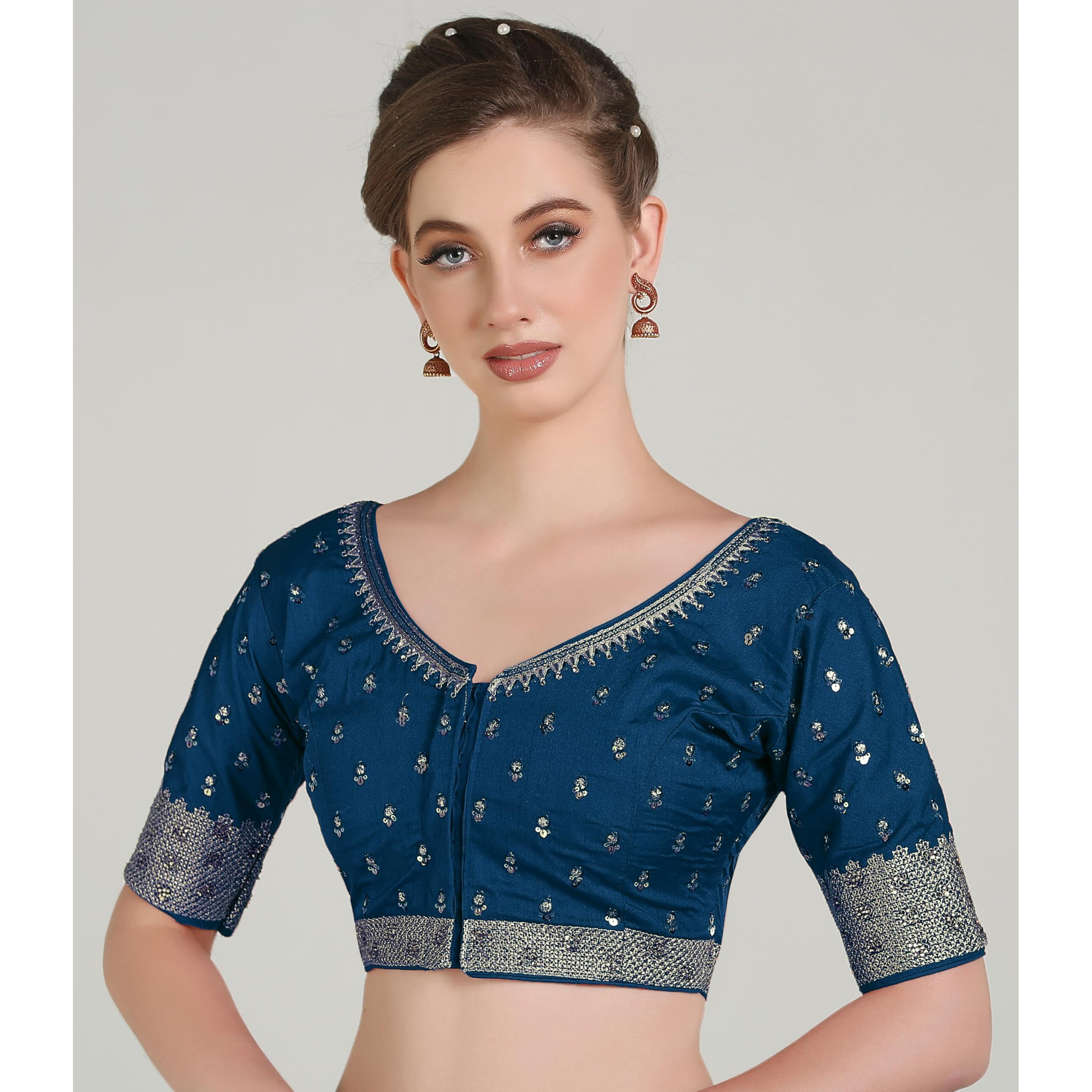Pujia Mills Women Indian Ethnic Wear Designer Golden Codding With Zari Embroidered Diamond Work Round Neck Half Sleeve Readymade Aari Work Saree Blouse Bridal Readymade Blouse Morpeach Lehenga Choli