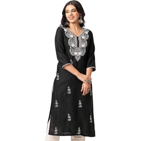 Sanisa Women's Cotton Blend Chikankari Embroidery Straight Kurti (476K10047N-Xxl_Black)