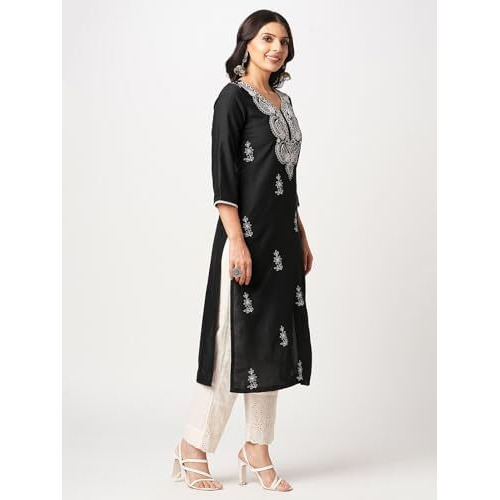 Sanisa Women's Cotton Blend Chikankari Embroidery Straight Kurti (476K10047N-Xxl_Black)