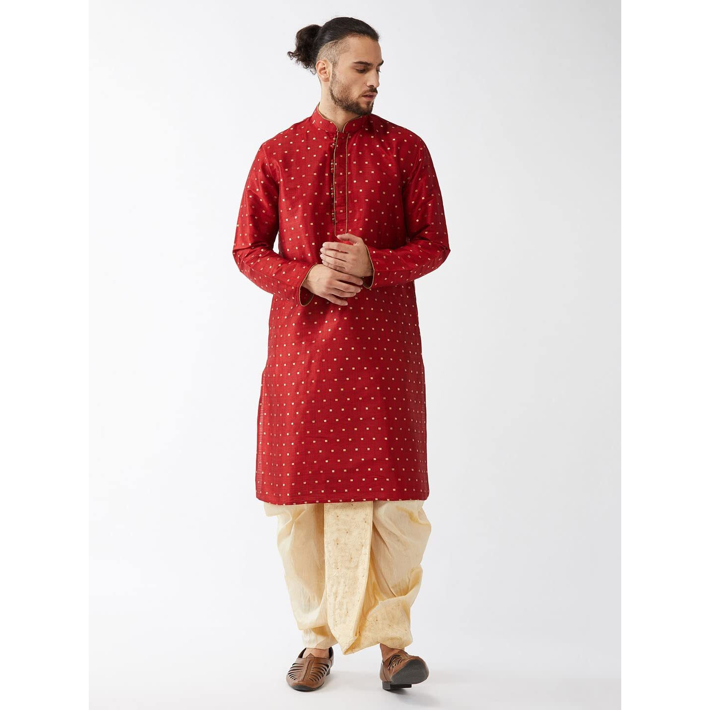 Vastramay Men's Maroon And Gold Silk Blend Kurta And Dhoti Set_Vasmk023Mandt008Go_42