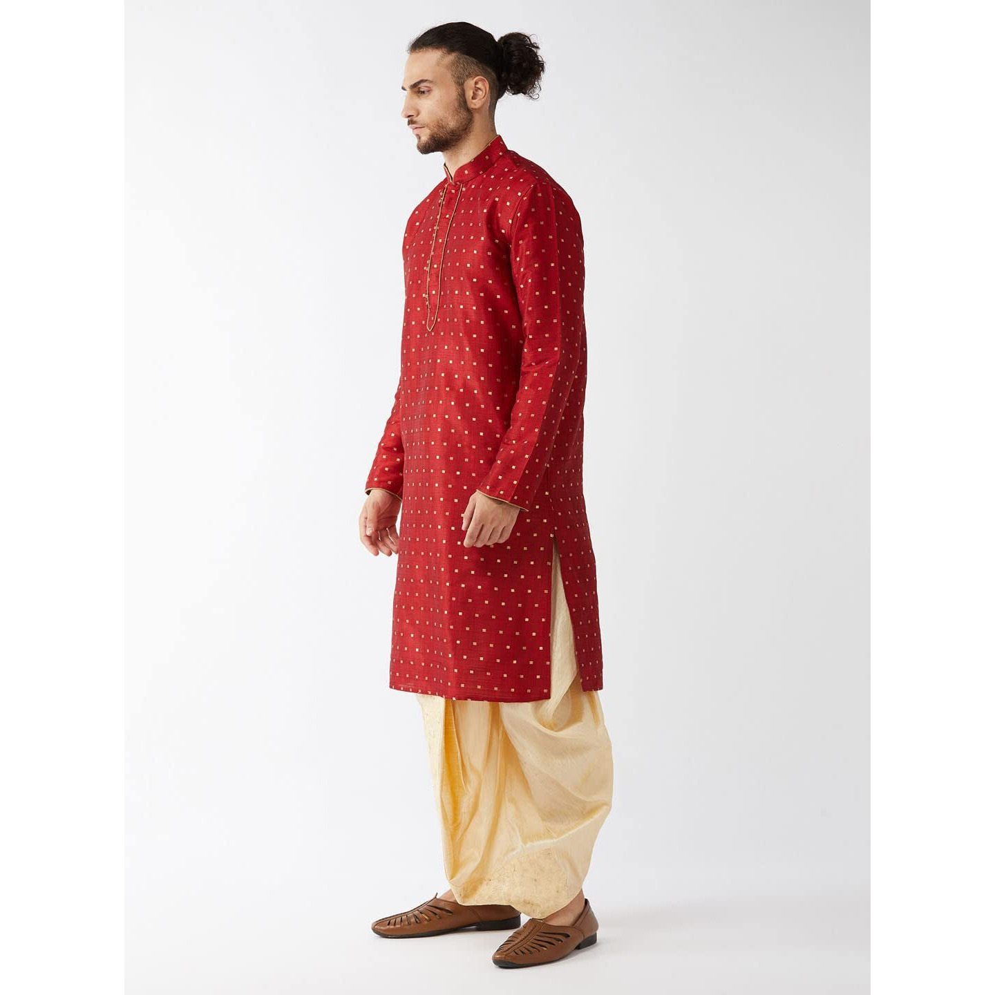 Vastramay Men's Maroon And Gold Silk Blend Kurta And Dhoti Set_Vasmk023Mandt008Go_42