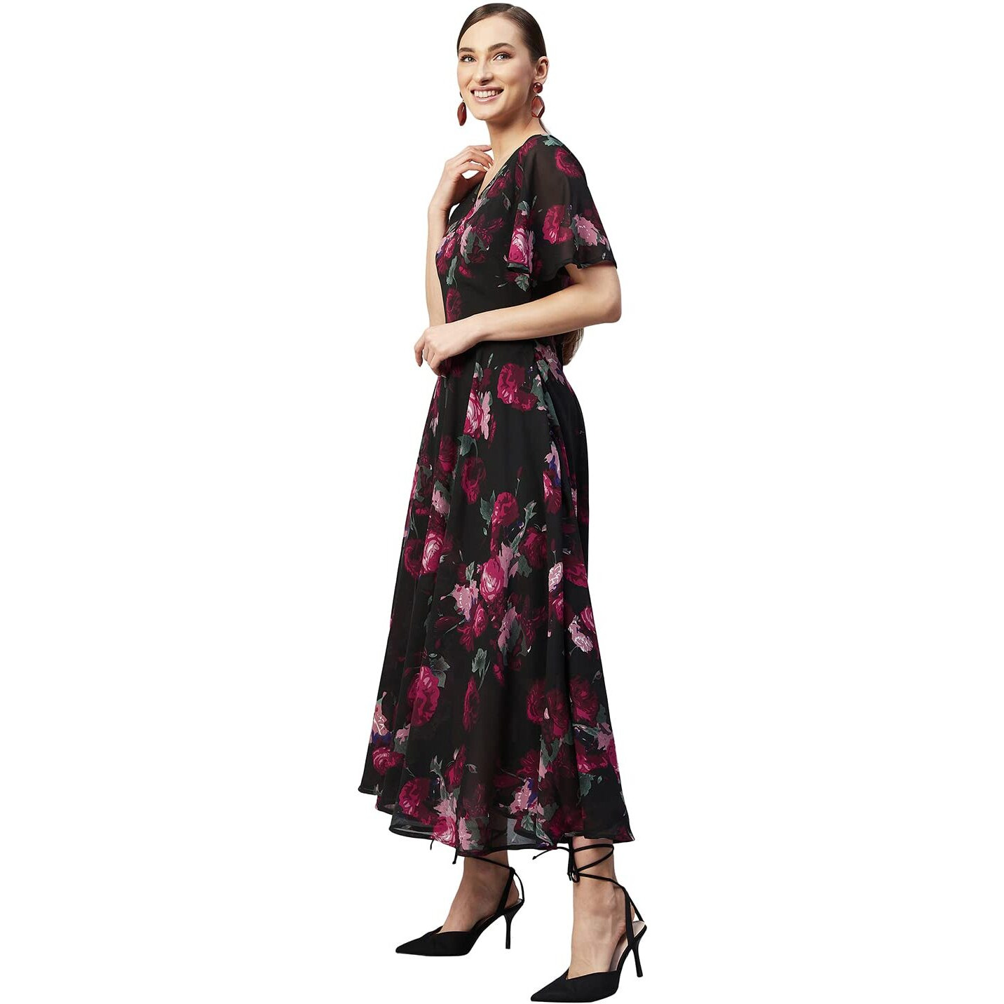 Rare Women's Georgette Fit And Flare Maxi Dress (Ep6006_Black_M)