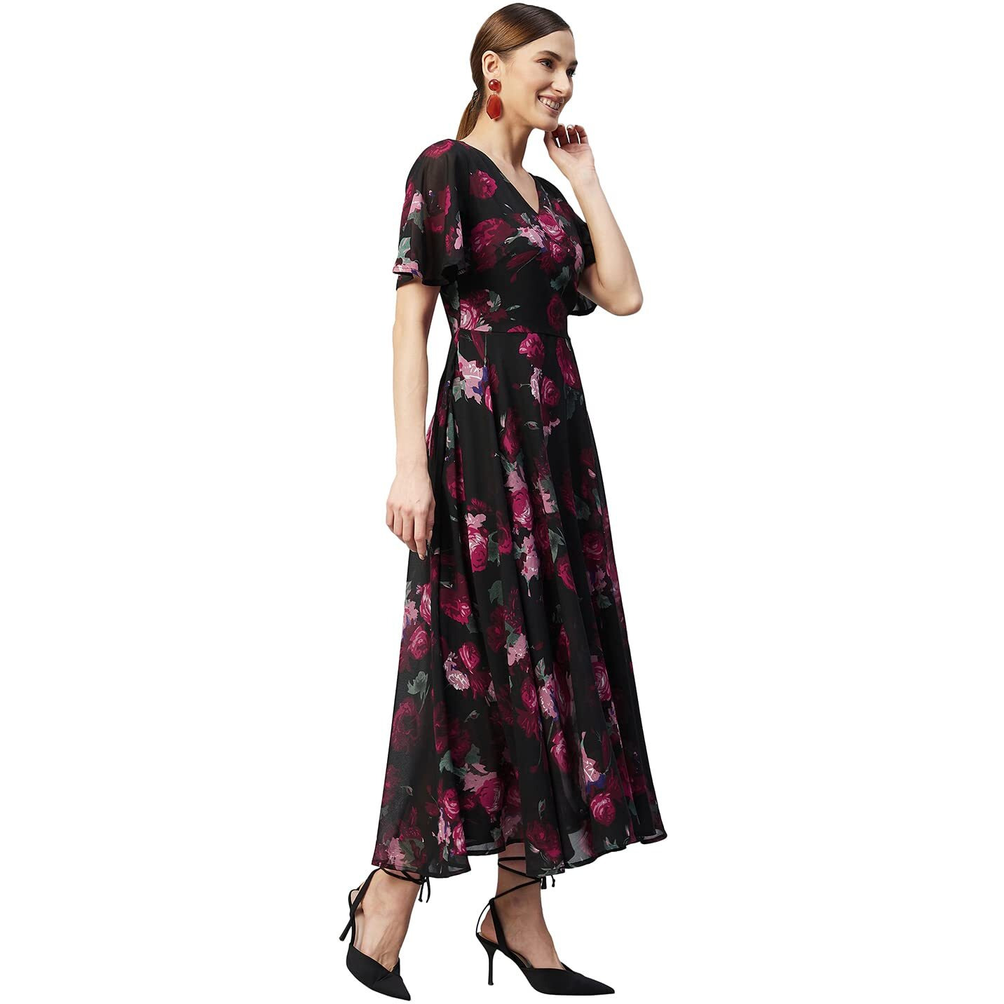 Rare Women's Georgette Fit And Flare Maxi Dress (Ep6006_Black_M)