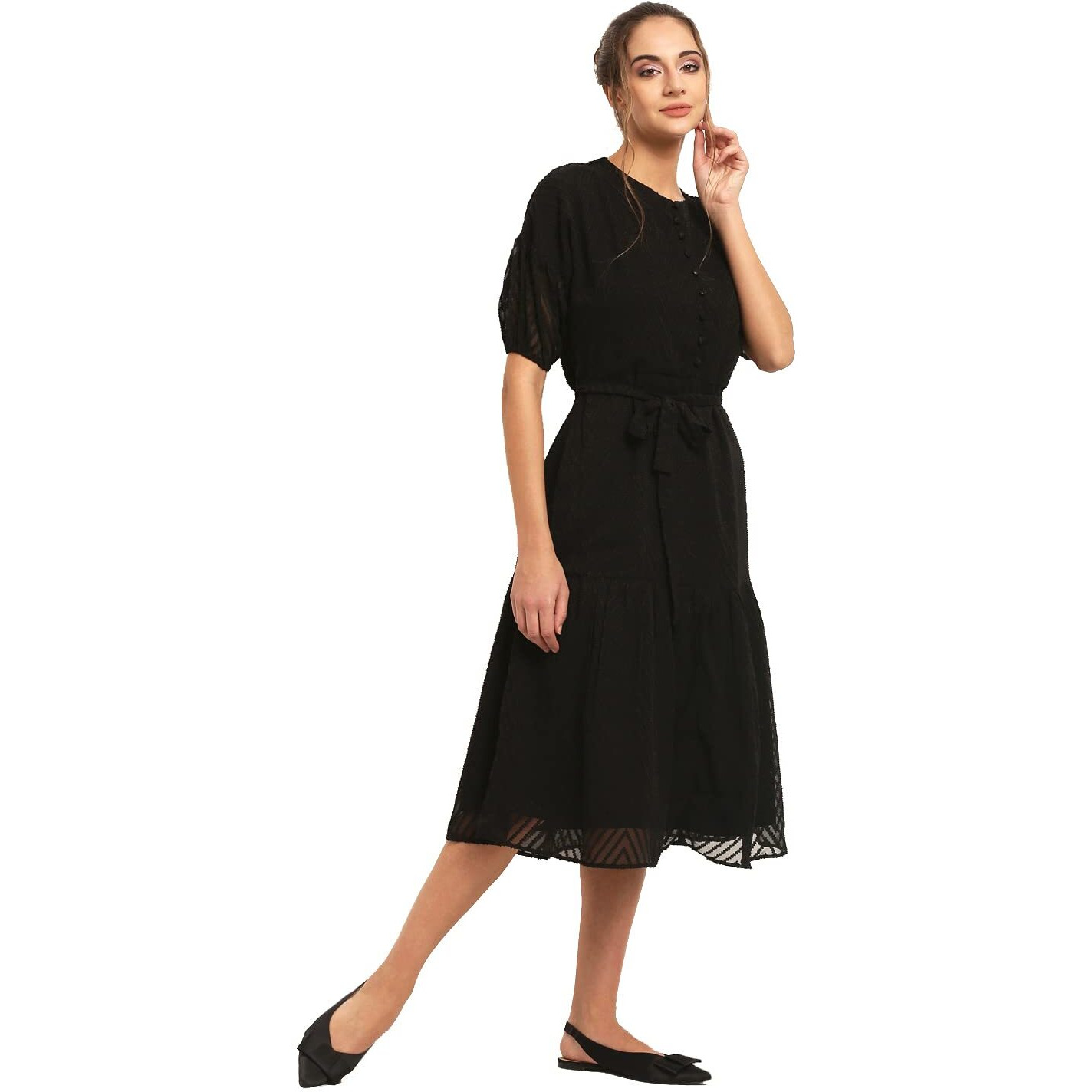 Rare London Women Synthetic A-Line Knee-Long Dress (Ep31080-L_Black_L)