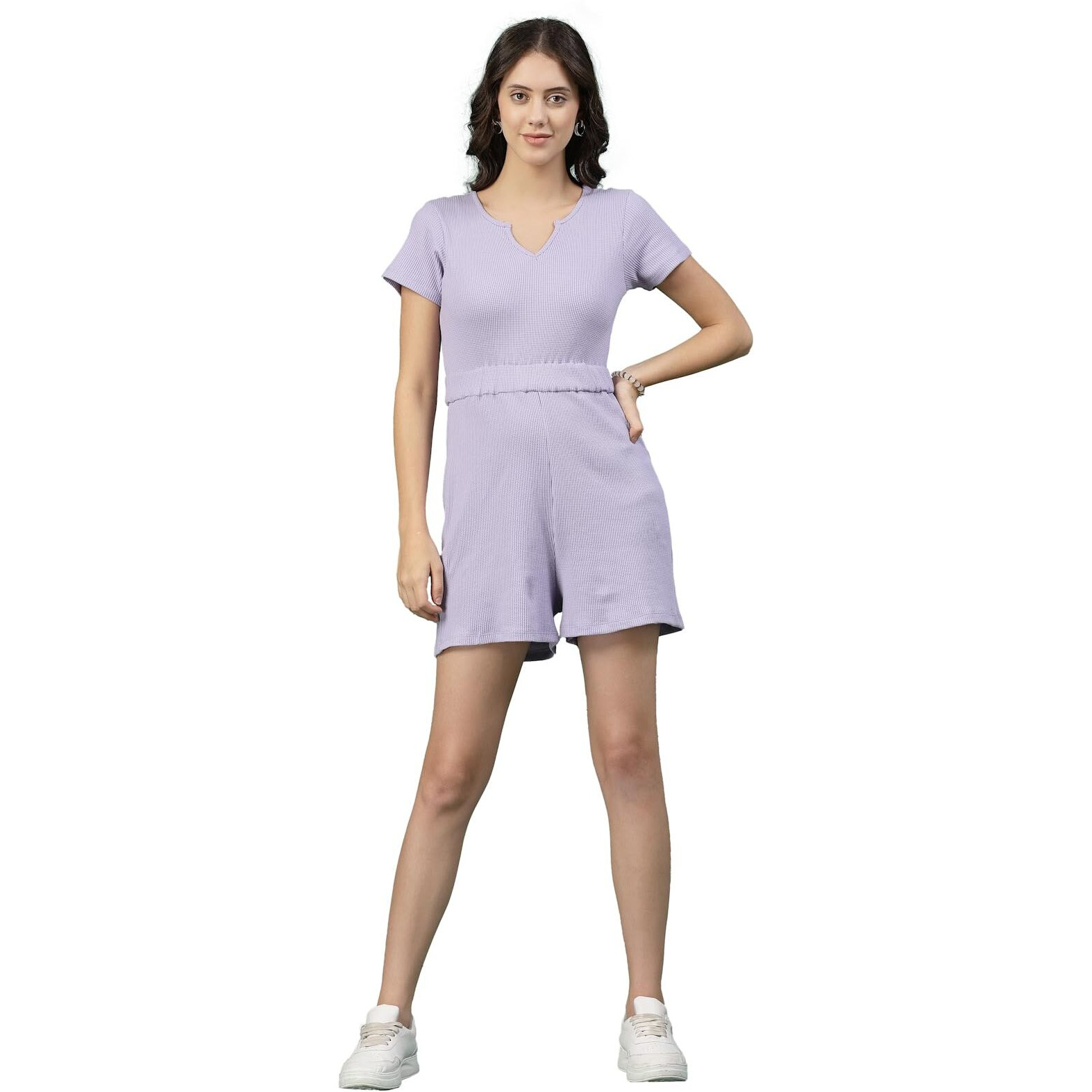Rigo Waffle Playsuit Above The Knee Jumpsuit For Women (Wjd308-1021_Light Purple