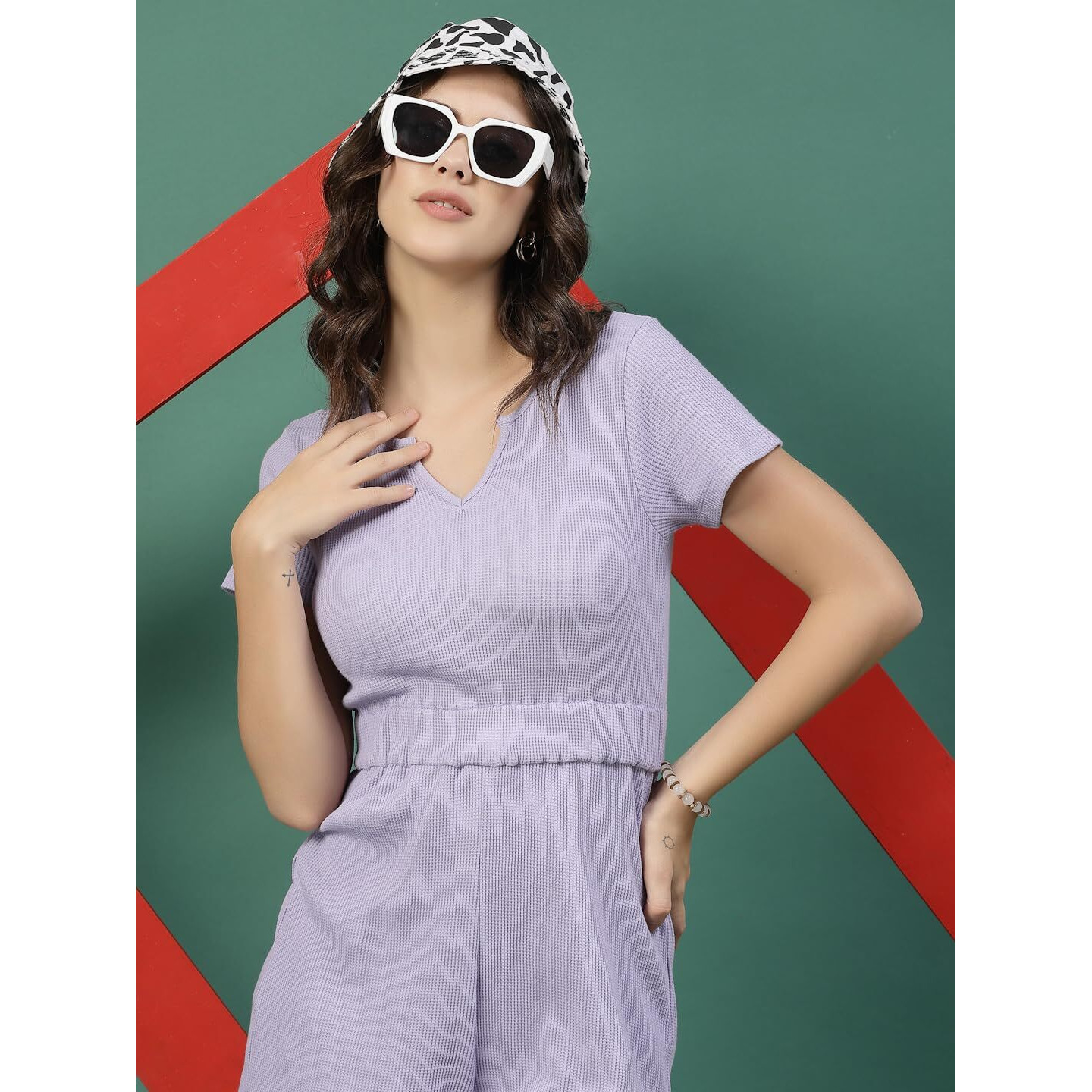 Rigo Waffle Playsuit Above The Knee Jumpsuit For Women (Wjd308-1021_Light Purple