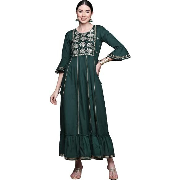 Anubhutee Women's Cotton Green Yoke Embroidered Ethnic Dress