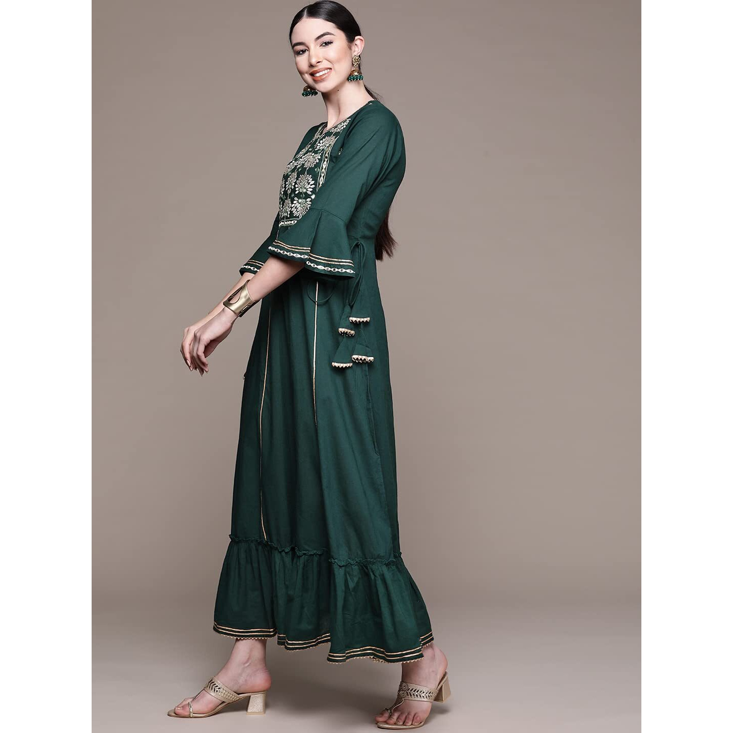 Anubhutee Women's Cotton Green Yoke Embroidered Ethnic Dress