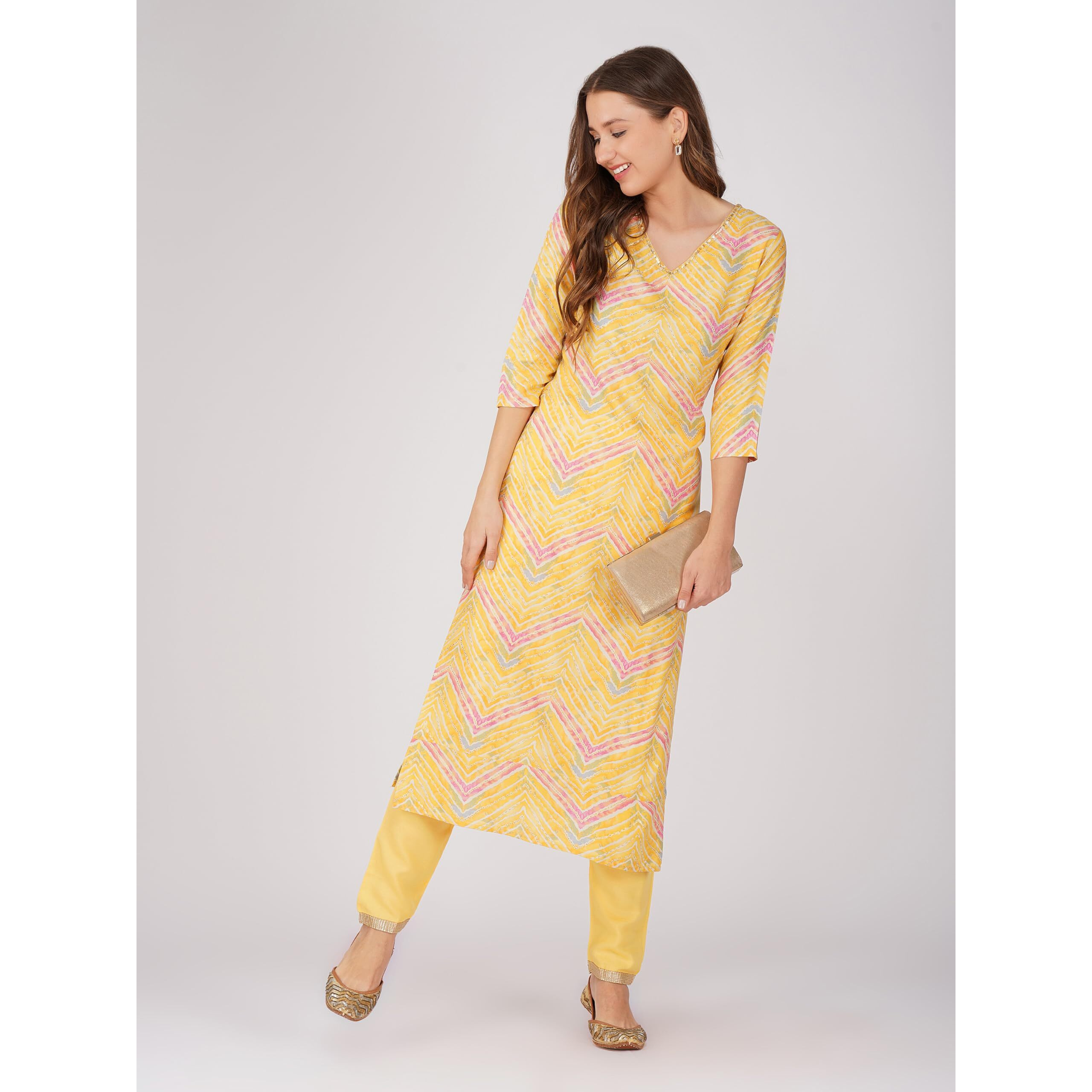 Rytras Women's Foil Printed Straight Kurta(Ryt557,Yellow,Xxl)