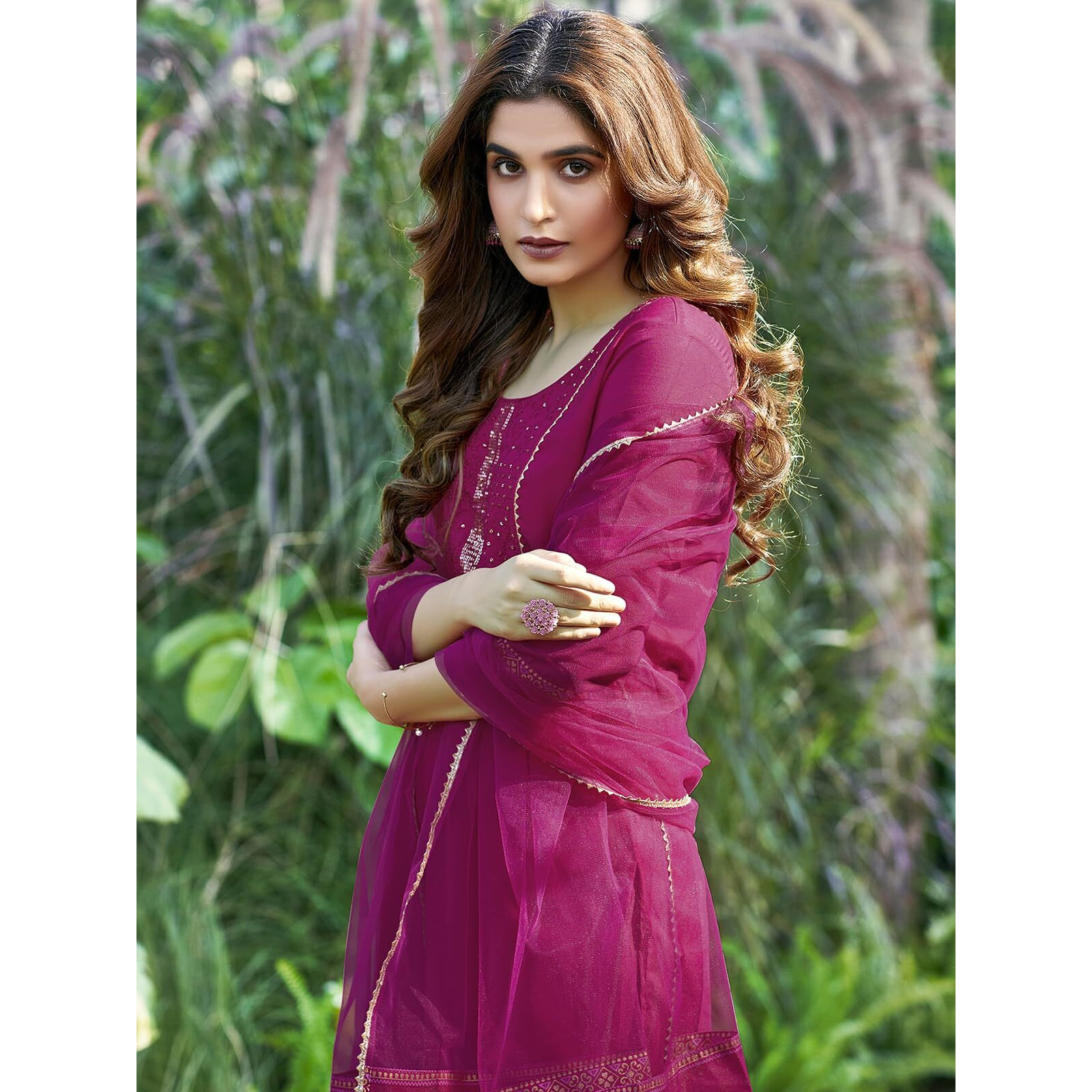 Sanisa Women's Cotton Blend Sequence Embroidery Work Straight Kurta With Pant And Foil Printed Gota Lace Work Dupatta (137Kbd1471Nz-S_Pink2)