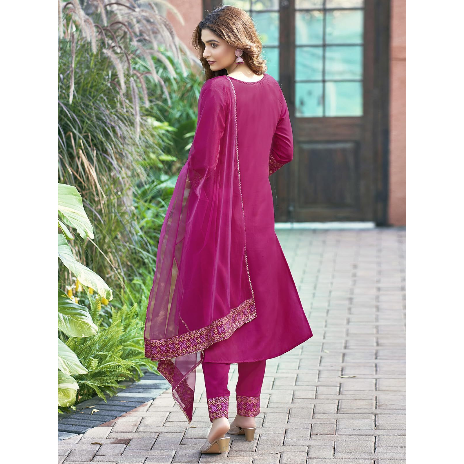 Sanisa Women's Cotton Blend Sequence Embroidery Work Straight Kurta With Pant And Foil Printed Gota Lace Work Dupatta (137Kbd1471Nz-S_Pink2)