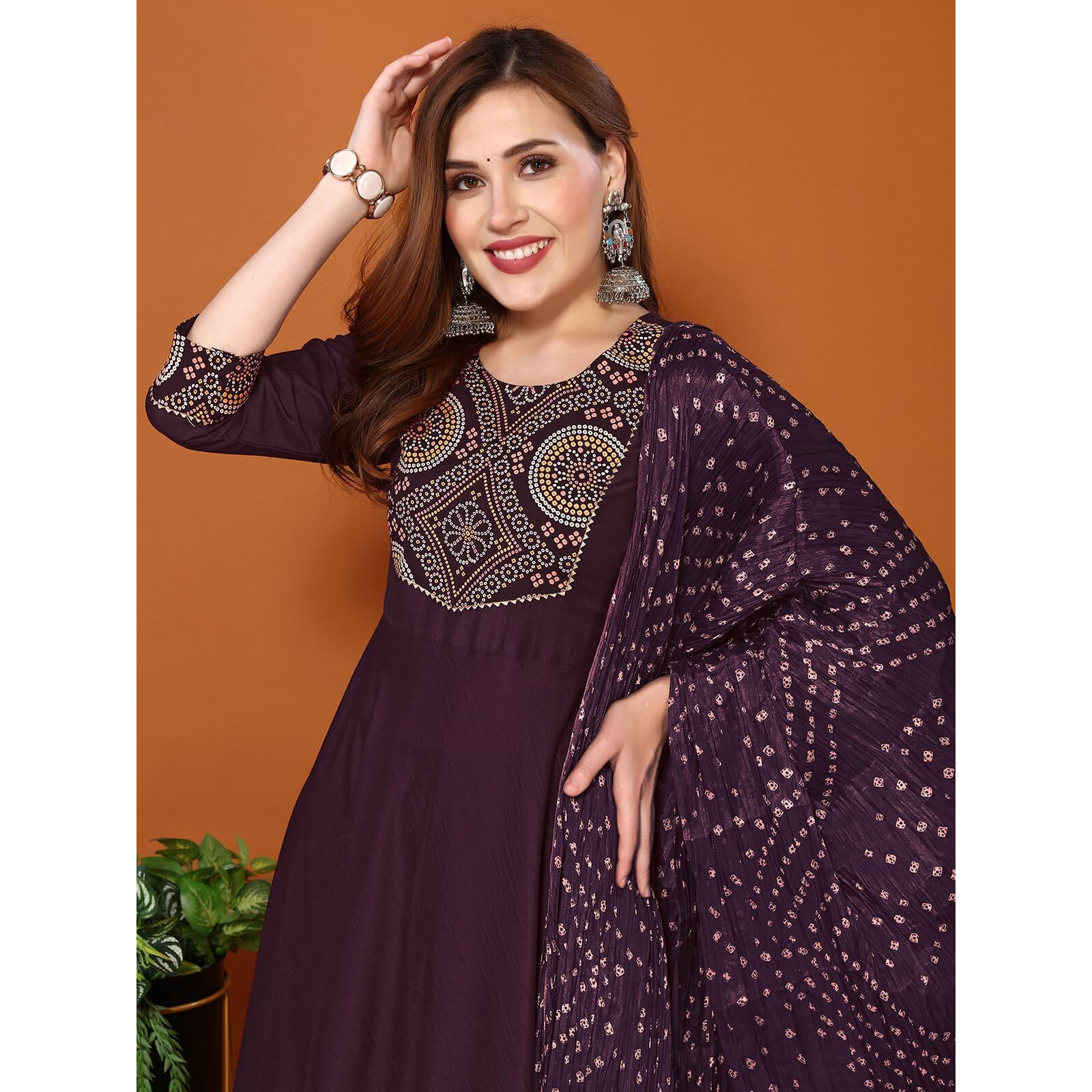 Sanisa Women's Chinnon Printed Anarkali Kurta With Pant And Printed Dupatta (63Kbd722Nz-L_Wine)