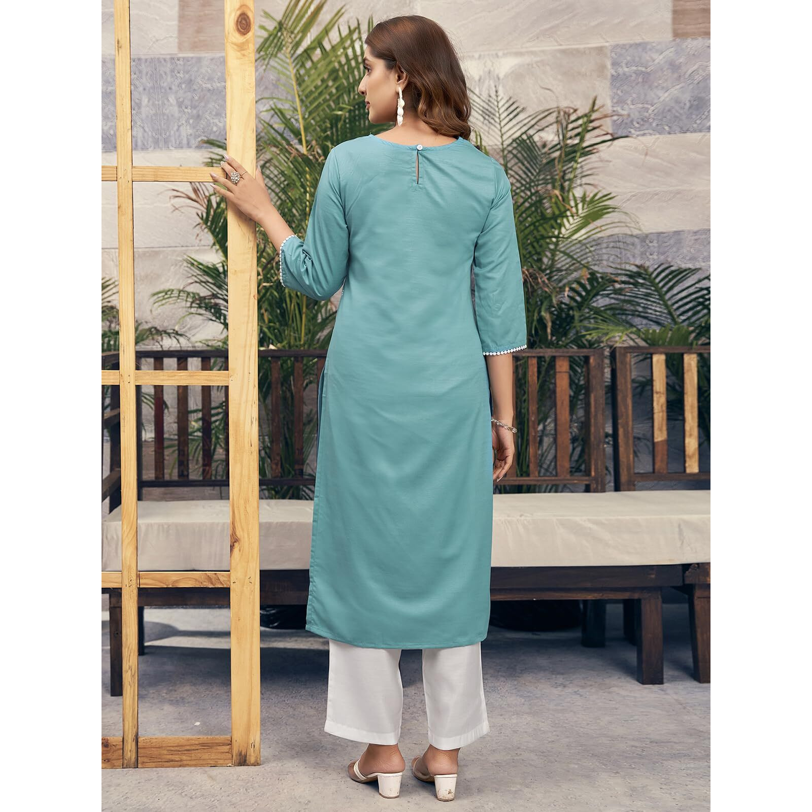 Sanisa Women's Rayon Blend Chikankari Embroidery Straight Kurti (476K10041N-M_Turquoise)