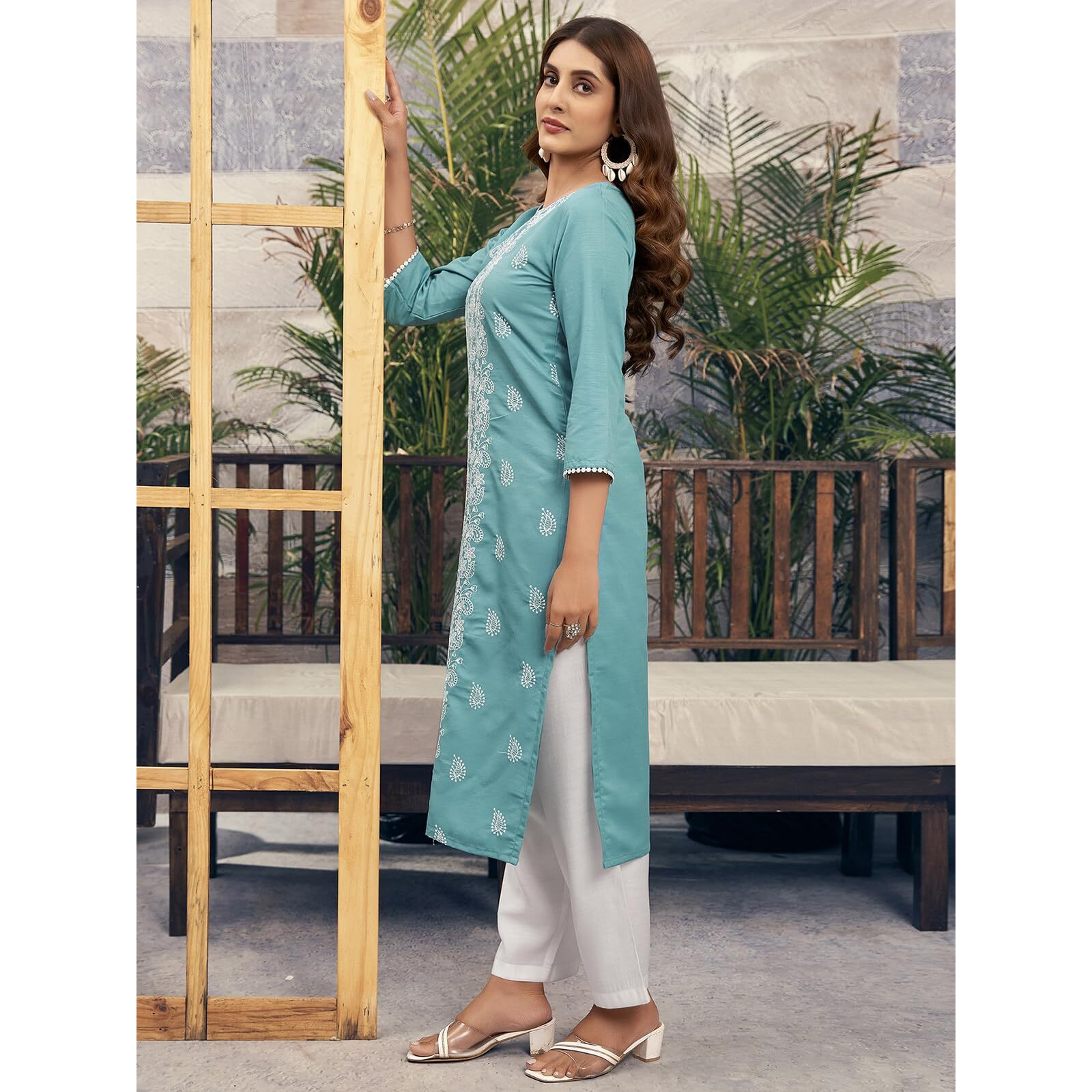 Sanisa Women's Rayon Blend Chikankari Embroidery Straight Kurti (476K10041N-M_Turquoise)