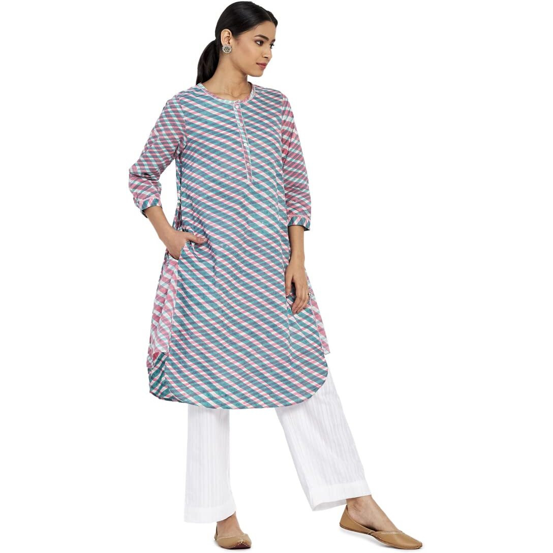 Fabindia Women Block Printed Cotton Knee Length Kurta Hand_S Multicolour