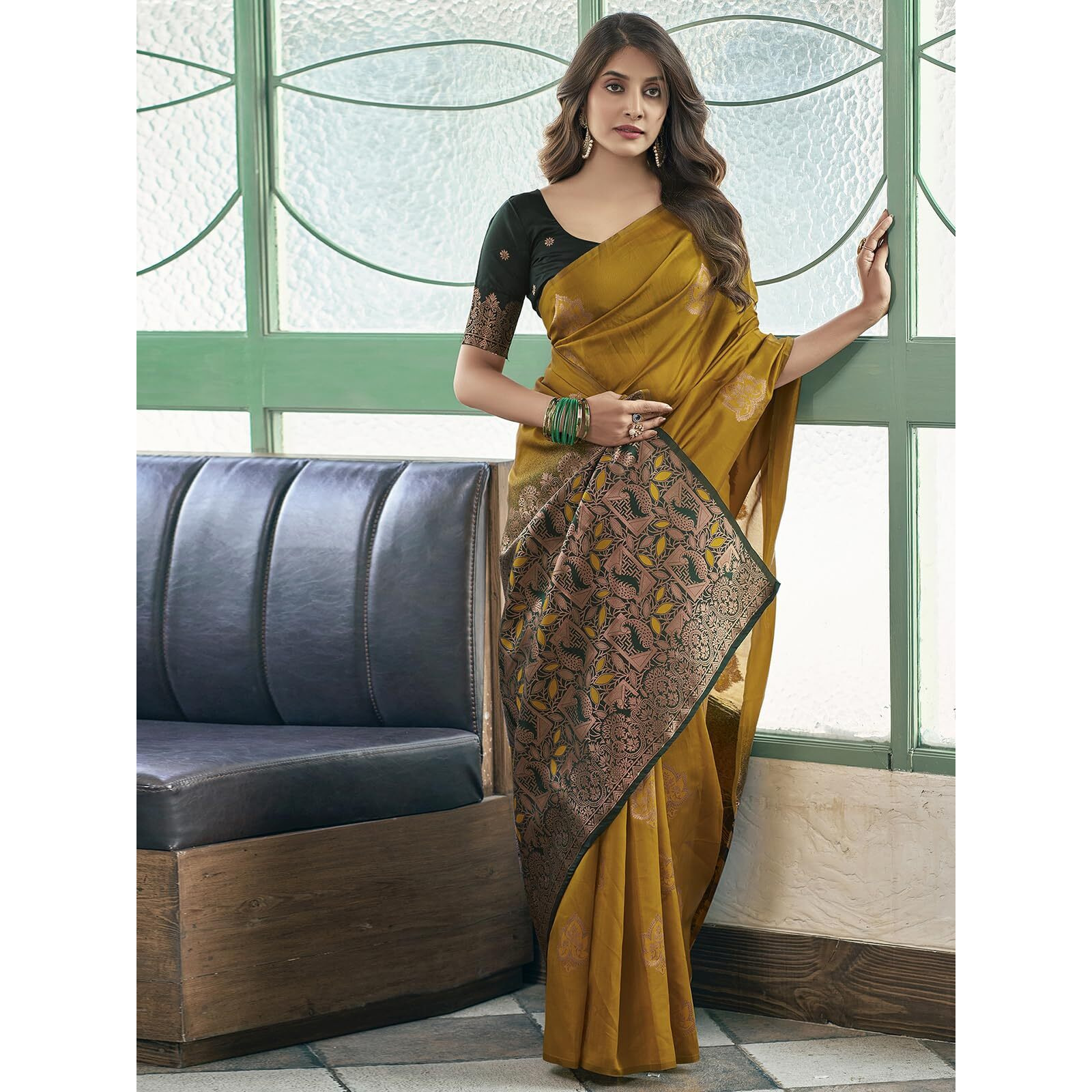 Satrani Women's Banarasi Silk Jacquard Saree With Unstitched Blouse Piece (3696S107N_Turmeric)