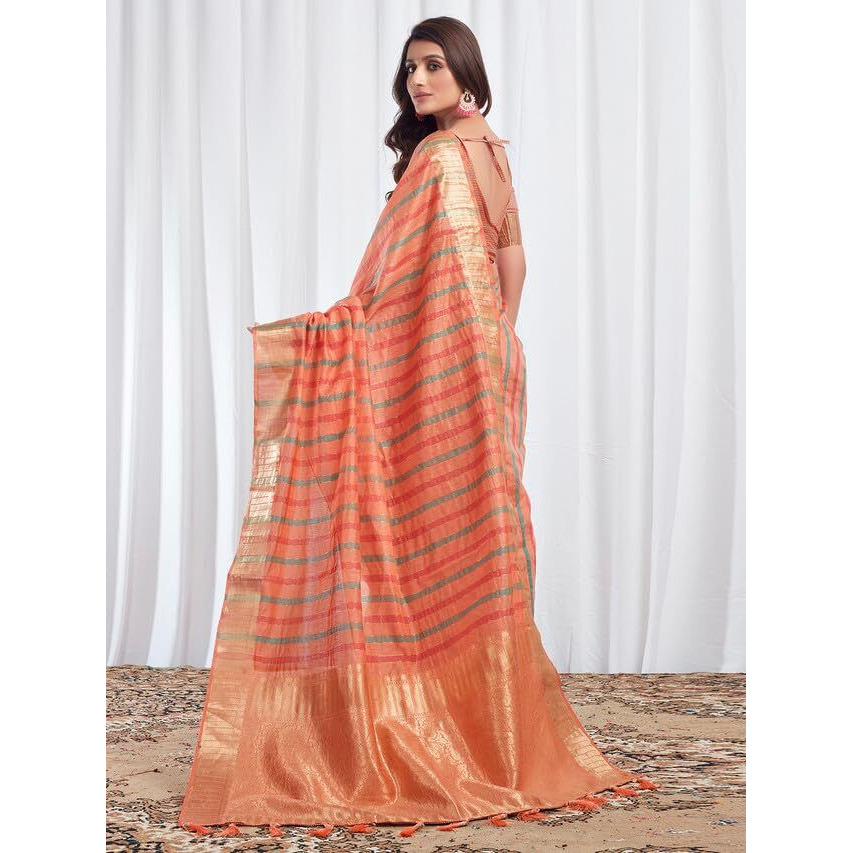 Satrani Women's Cotton Silk Woven Stripe & Jacquard Saree With Unstitched Blouse Piece (3474S5972N_Peach)