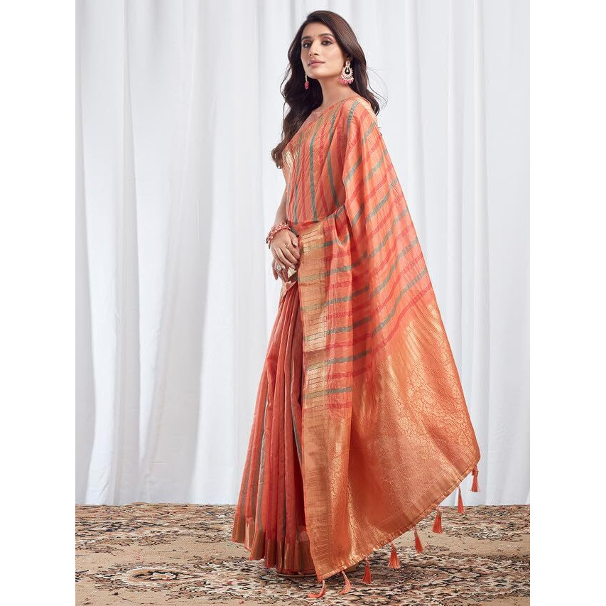 Satrani Women's Cotton Silk Woven Stripe & Jacquard Saree With Unstitched Blouse Piece (3474S5972N_Peach)