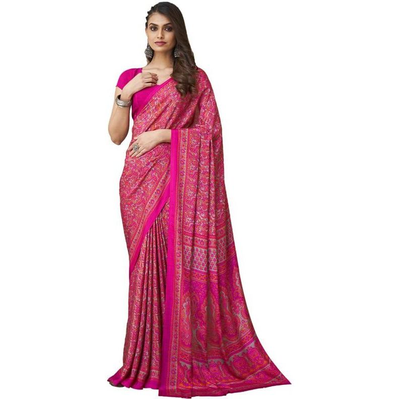 Satrani Women's Printed Crepe & Silk Saree With Unstitched Blouse Piece (2854S2412N_Pink3)
