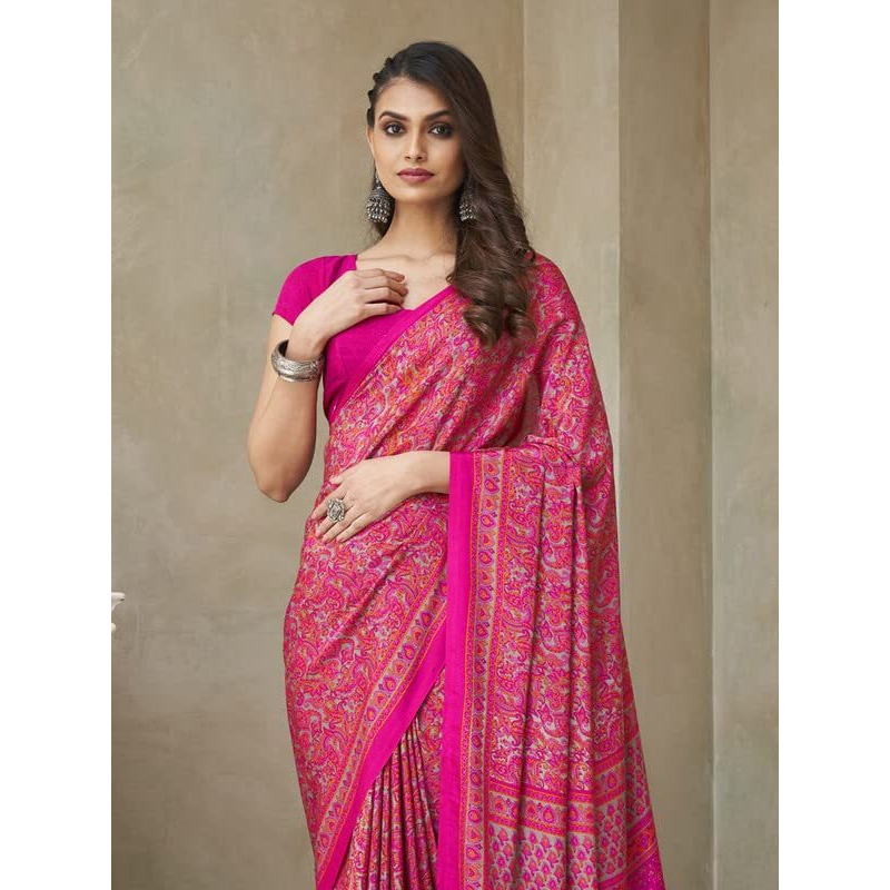 Satrani Women's Printed Crepe & Silk Saree With Unstitched Blouse Piece (2854S2412N_Pink3)
