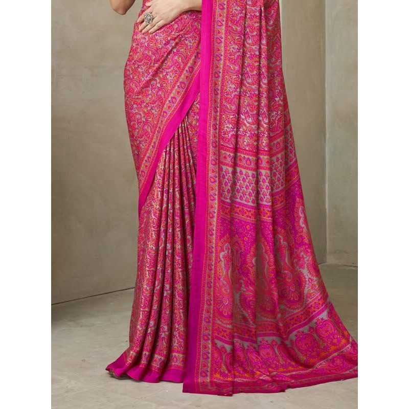 Satrani Women's Printed Crepe & Silk Saree With Unstitched Blouse Piece (2854S2412N_Pink3)