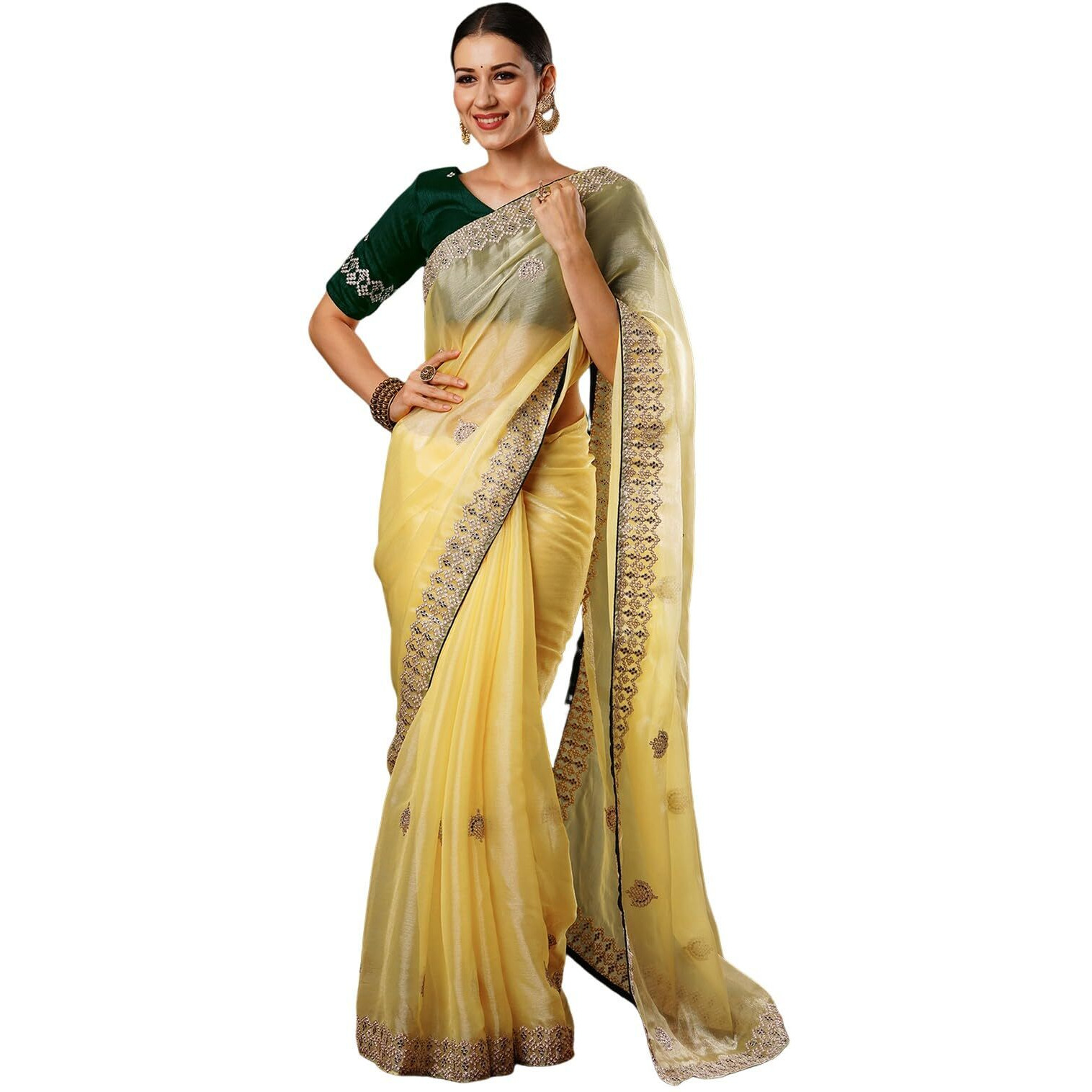 Satrani Women's Tissue Silk Embroidery Saree With Unstitched Blouse Piece (3920S255N_Yellow)