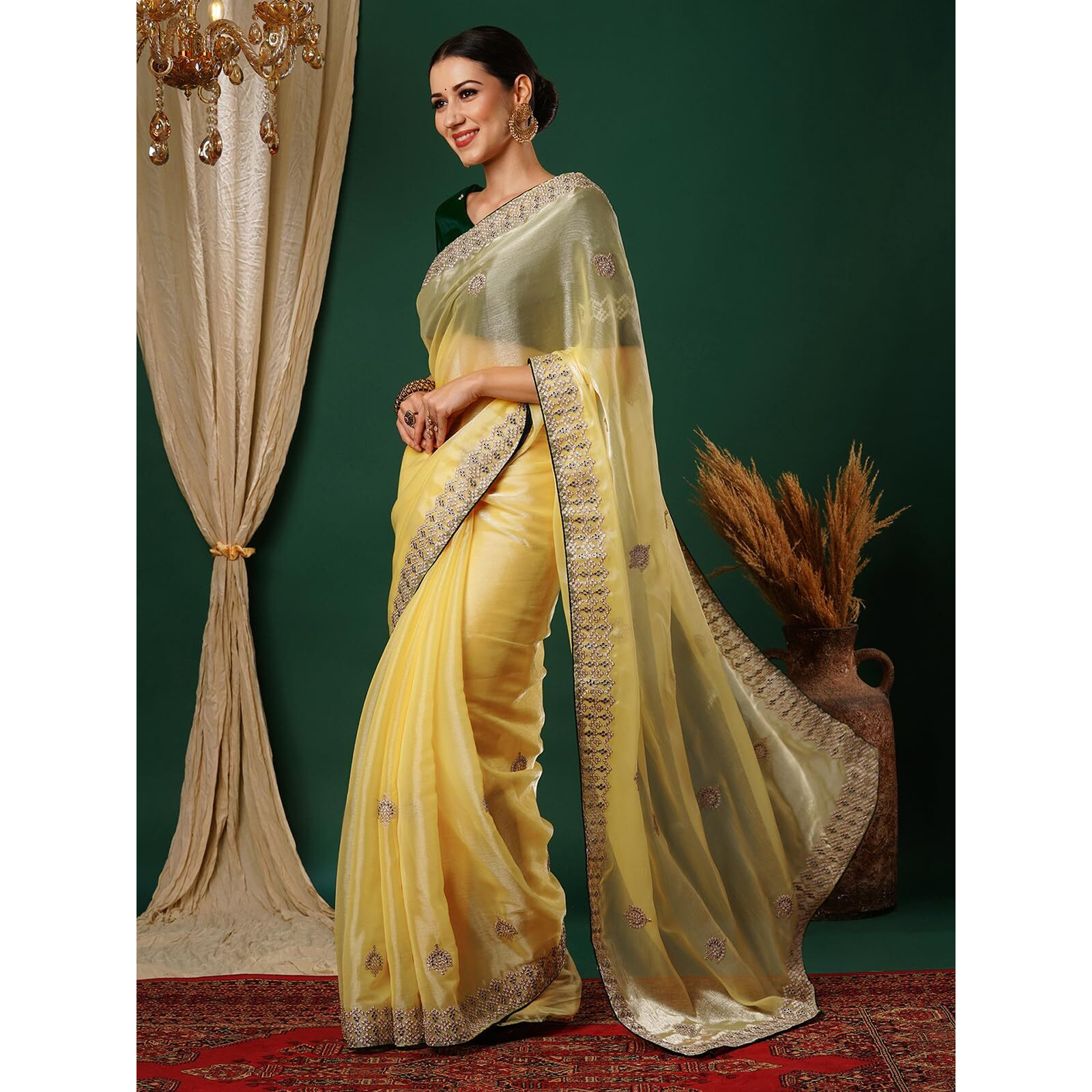 Satrani Women's Tissue Silk Embroidery Saree With Unstitched Blouse Piece (3920S255N_Yellow)