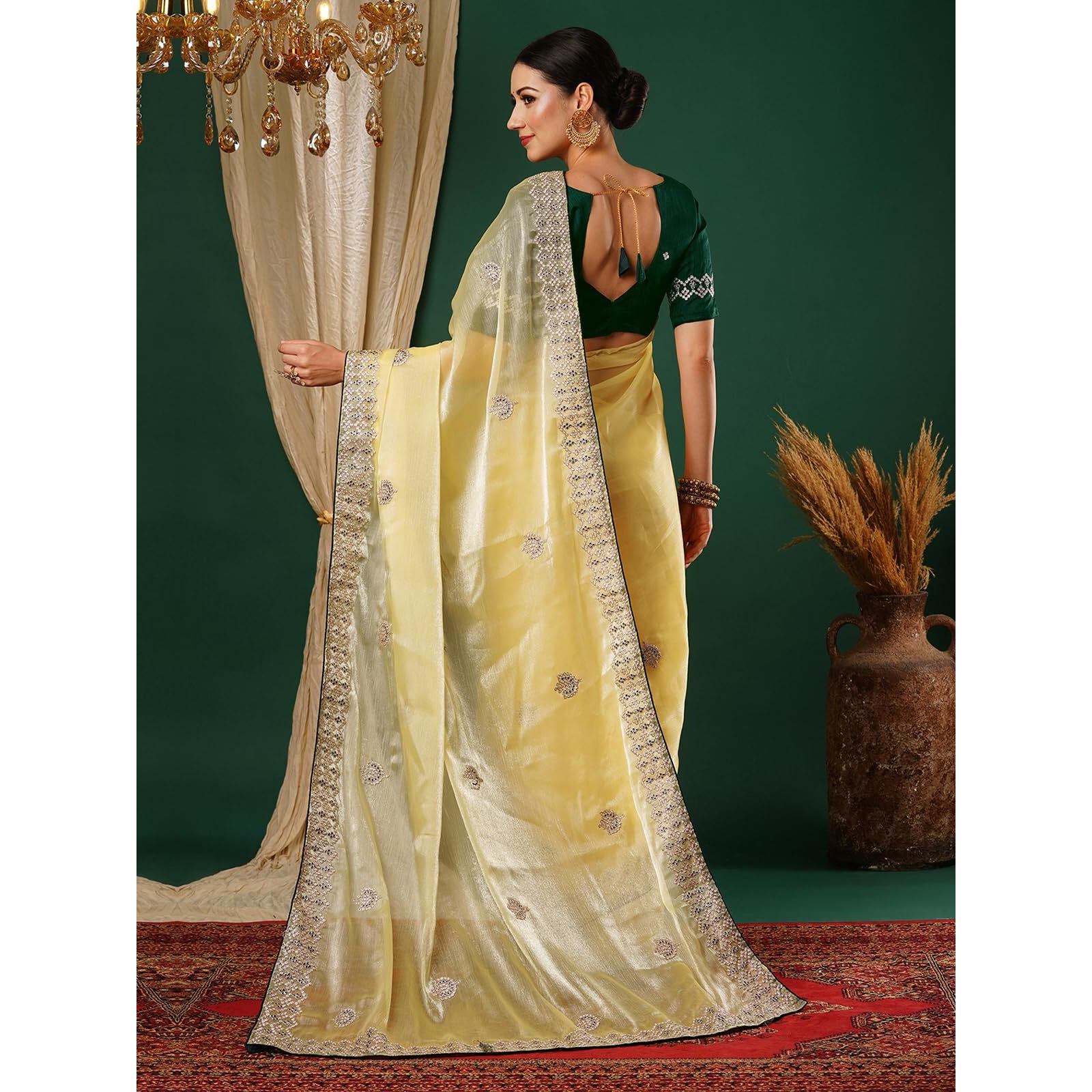 Satrani Women's Tissue Silk Embroidery Saree With Unstitched Blouse Piece (3920S255N_Yellow)