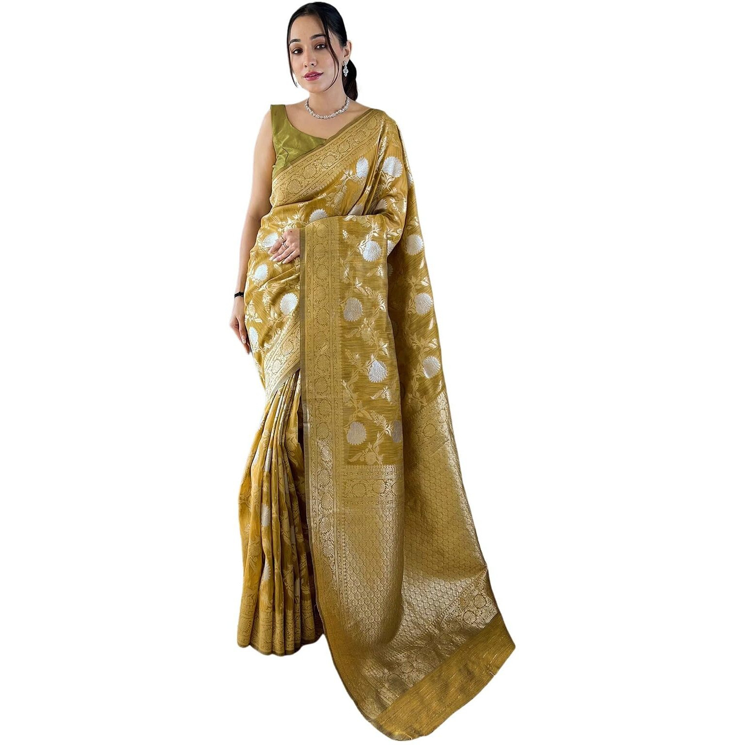 Satrani Women's Silk Blend Banarasi Jacquard Saree With Unstitched Blouse Piece (3834S417N_Lime Green)