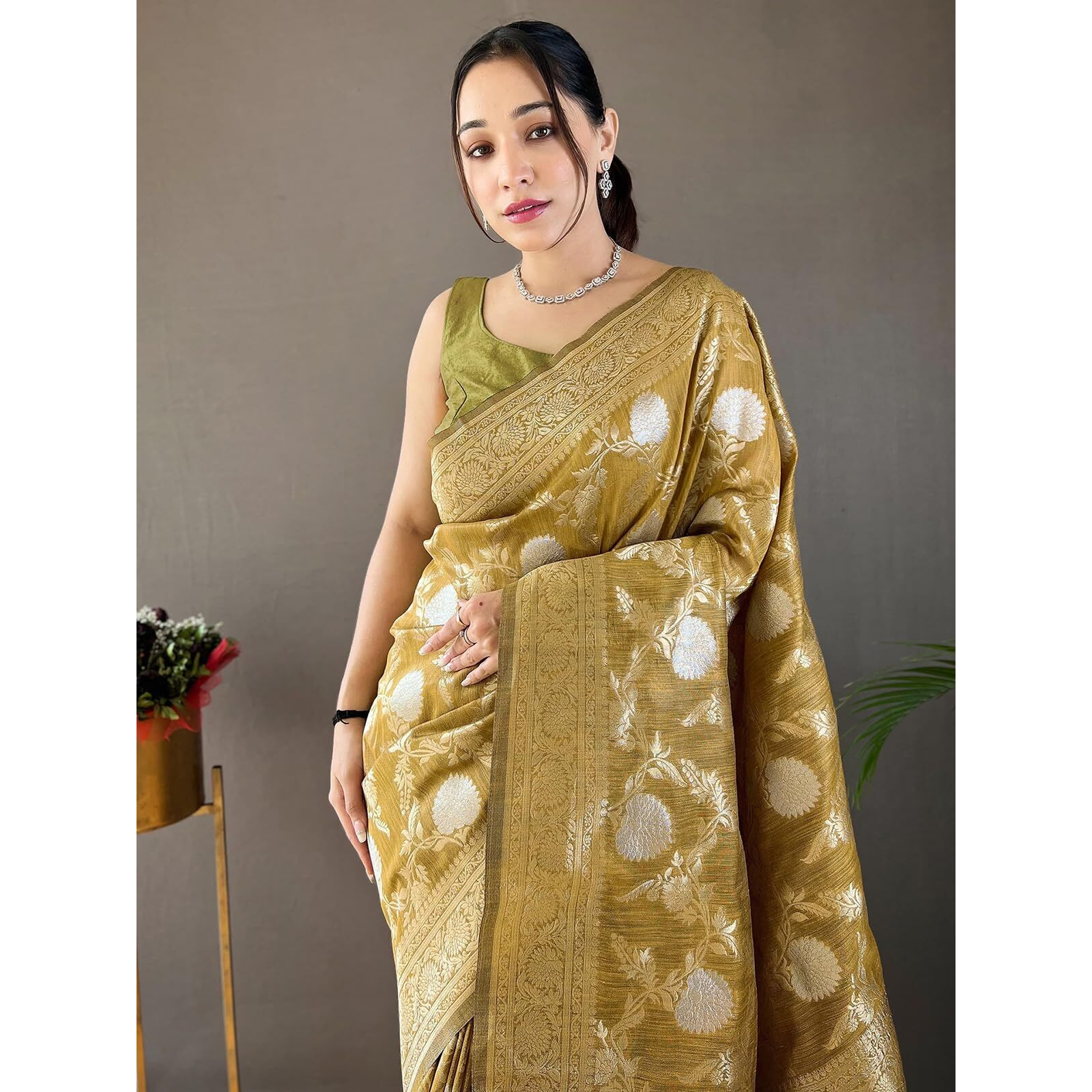 Satrani Women's Silk Blend Banarasi Jacquard Saree With Unstitched Blouse Piece (3834S417N_Lime Green)